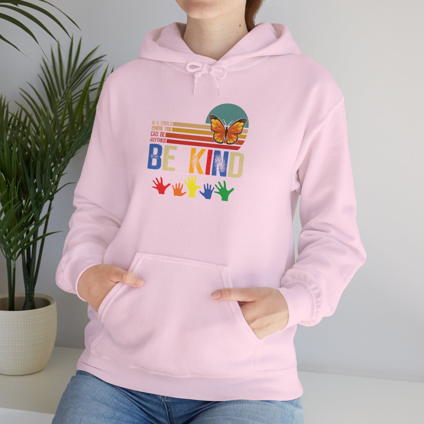 Be Kind Rainbow Hoodie — Retro Sunset Hands Kindness Sweatshirt