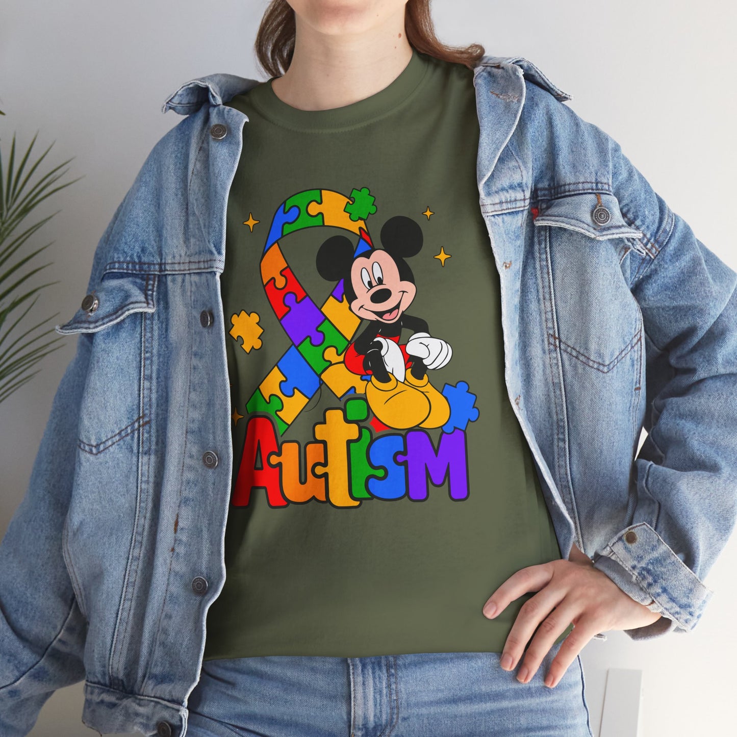 Autism Awareness Tee — Colorful Puzzle Ribbon & Cartoon Mouse Design