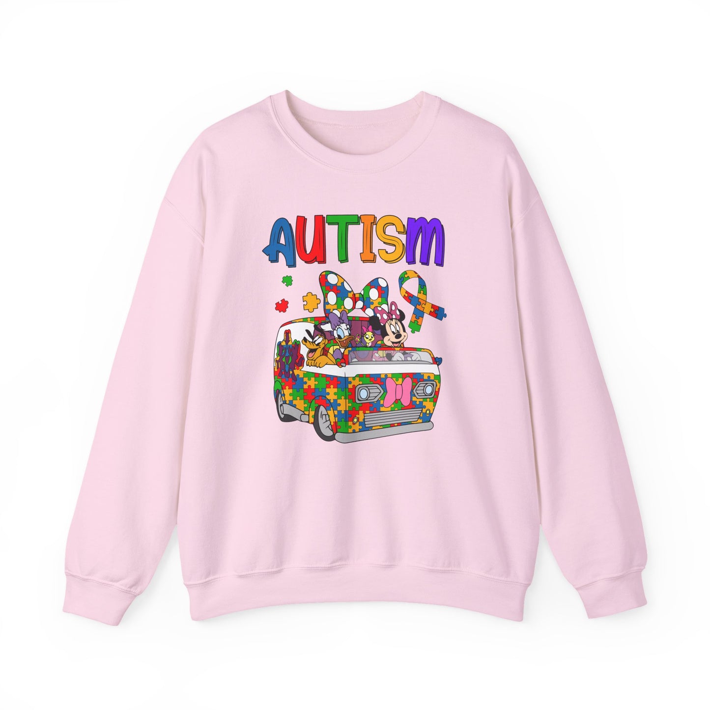Autism Awareness Crewneck Sweatshirt — Colorful Puzzle Van Design