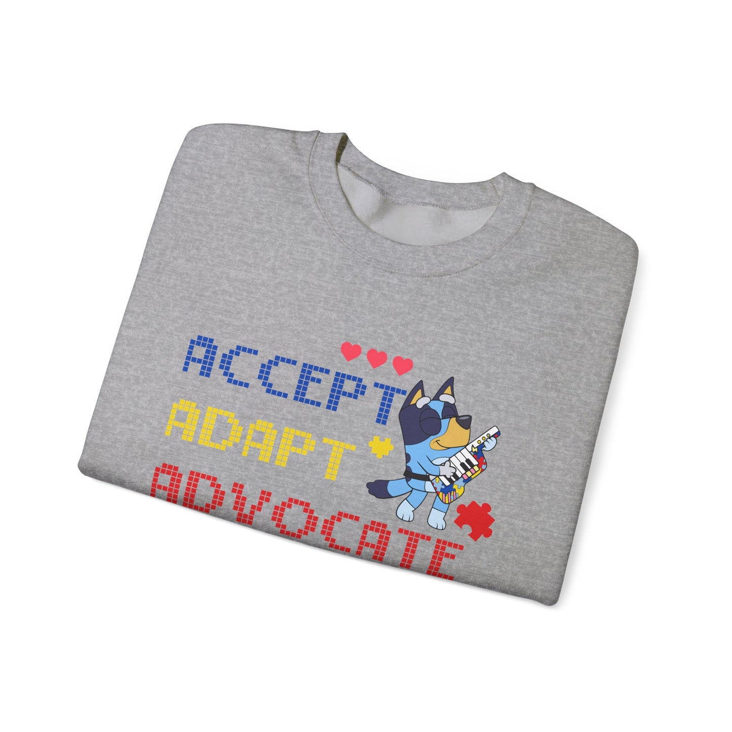 Accept Adapt Advocate Crewneck Sweatshirt — Autism Awareness Sweatshirt with Cute Character