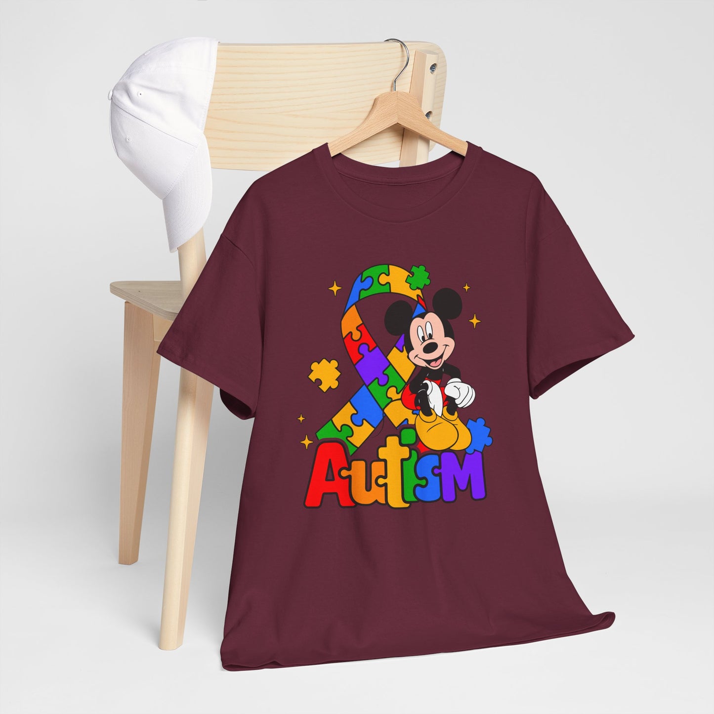 Autism Awareness Tee — Colorful Puzzle Ribbon & Cartoon Mouse Design