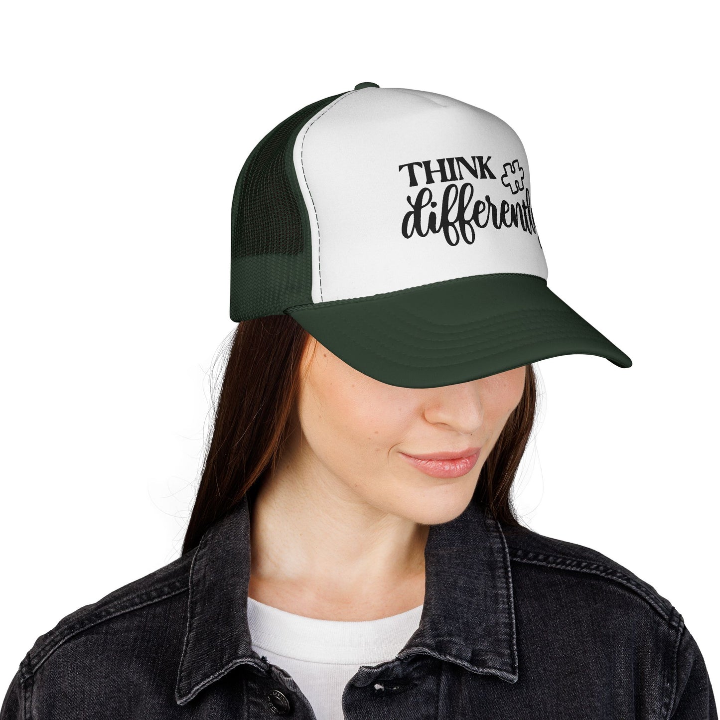 Think Differently Trucker Hat — Inspirational Puzzle Piece Cap