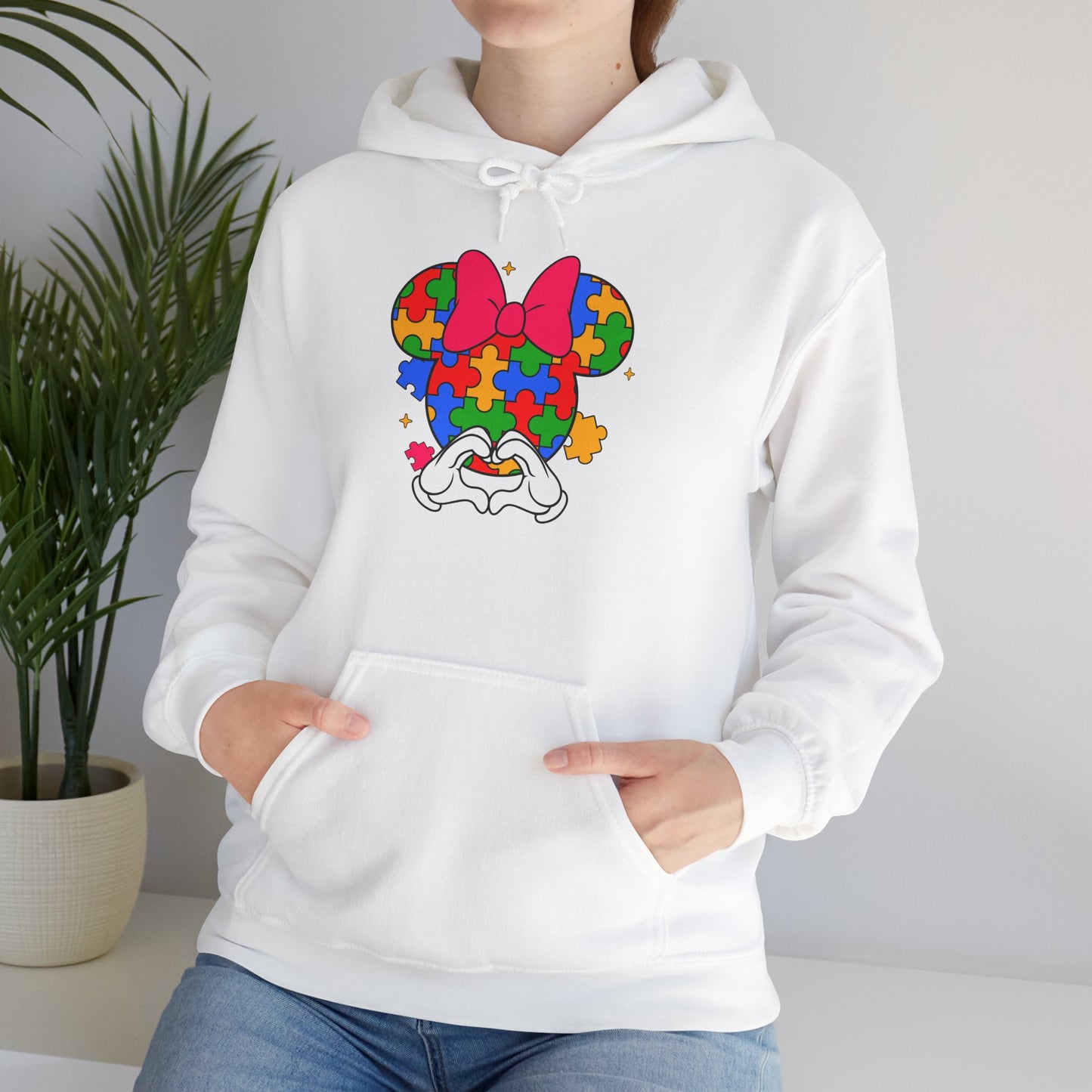 Autism Awareness Puzzle Minnie Hoodie – Colorful Puzzle-Heart Minnie Mouse Design