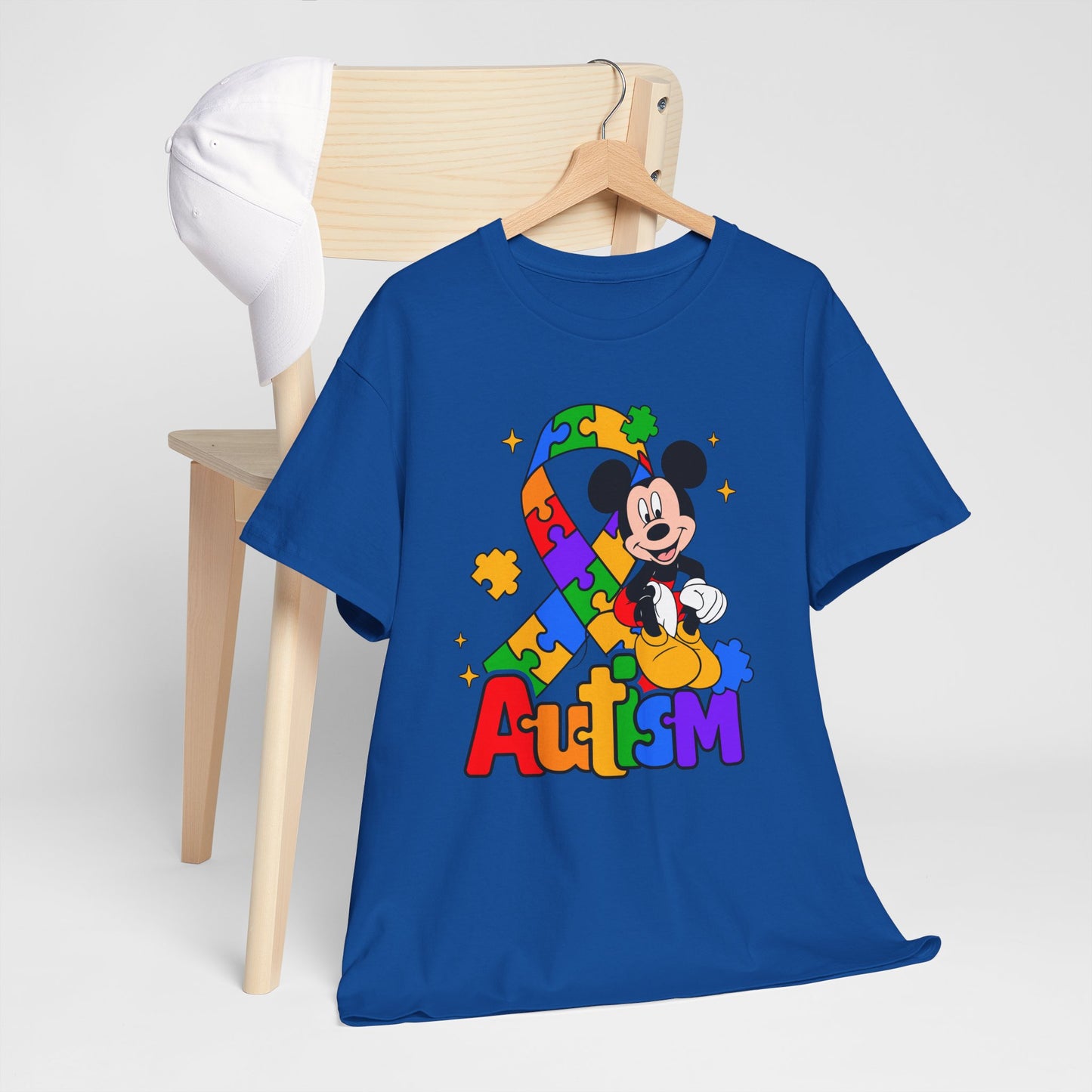 Autism Awareness Tee — Colorful Puzzle Ribbon & Cartoon Mouse Design