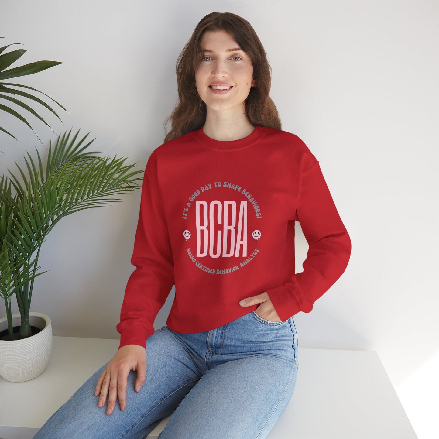 BCBA Crewneck Sweatshirt — ‘It’s a Good Day to Shape Behaviors’ Pink Logo