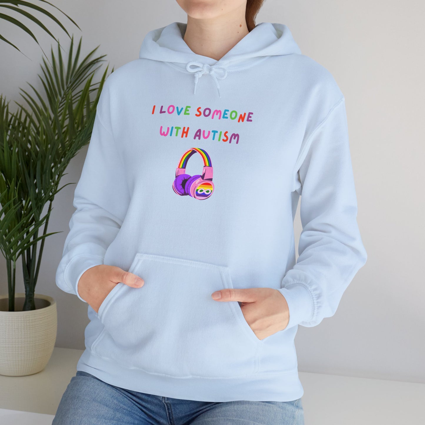 Autism Support Hoodie — "I Love Someone With Autism" Colorful Headphones Design