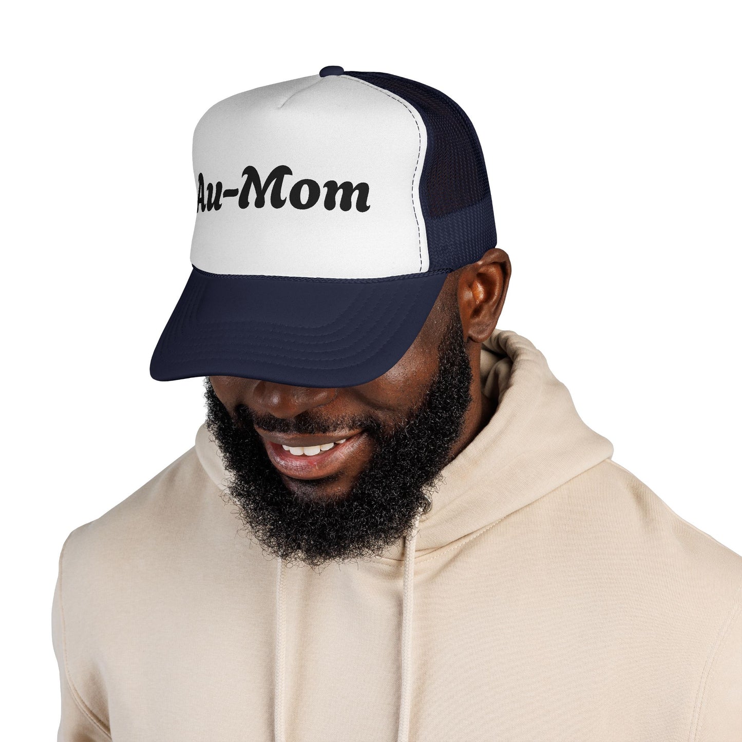 Au-Mom Trucker Cap — Cute Script Mom Hat for Au Pair & Nanny Gifts