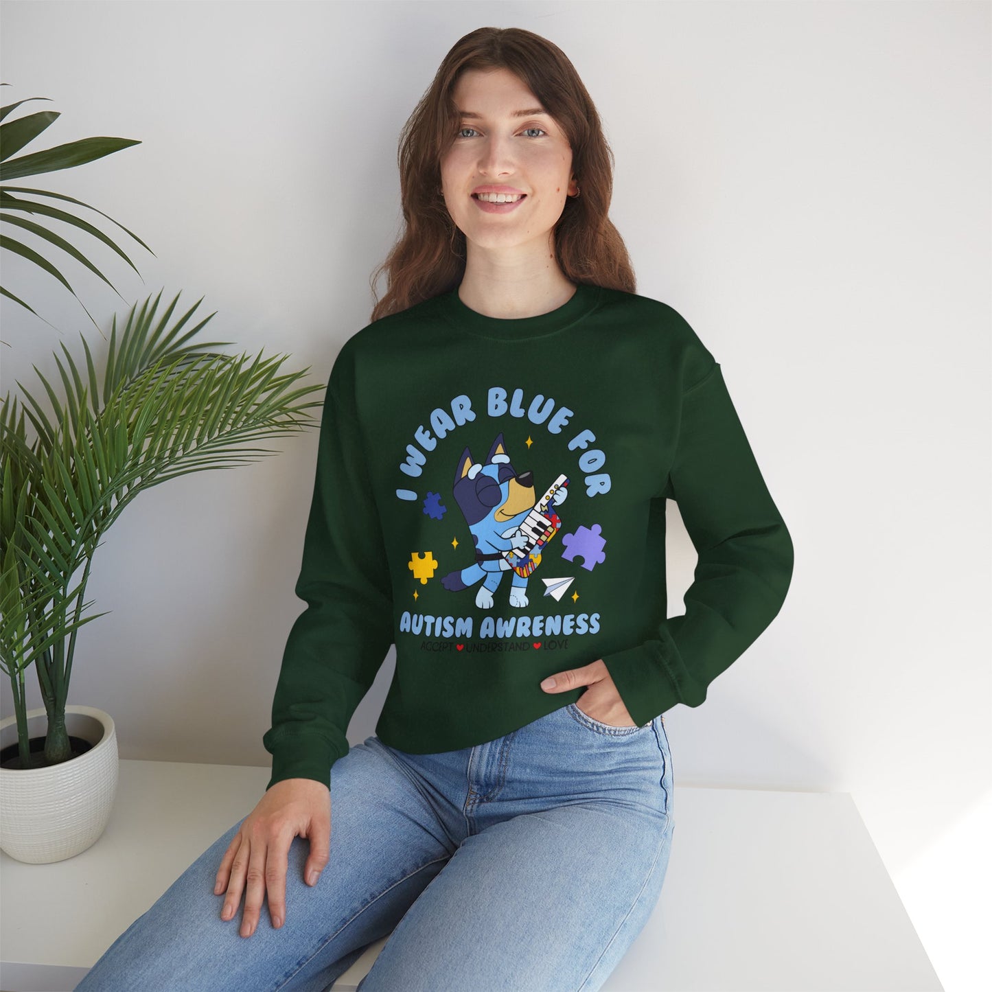 Autism Awareness Crewneck — "I Wear Blue for Autism Awareness" Sweatshirt