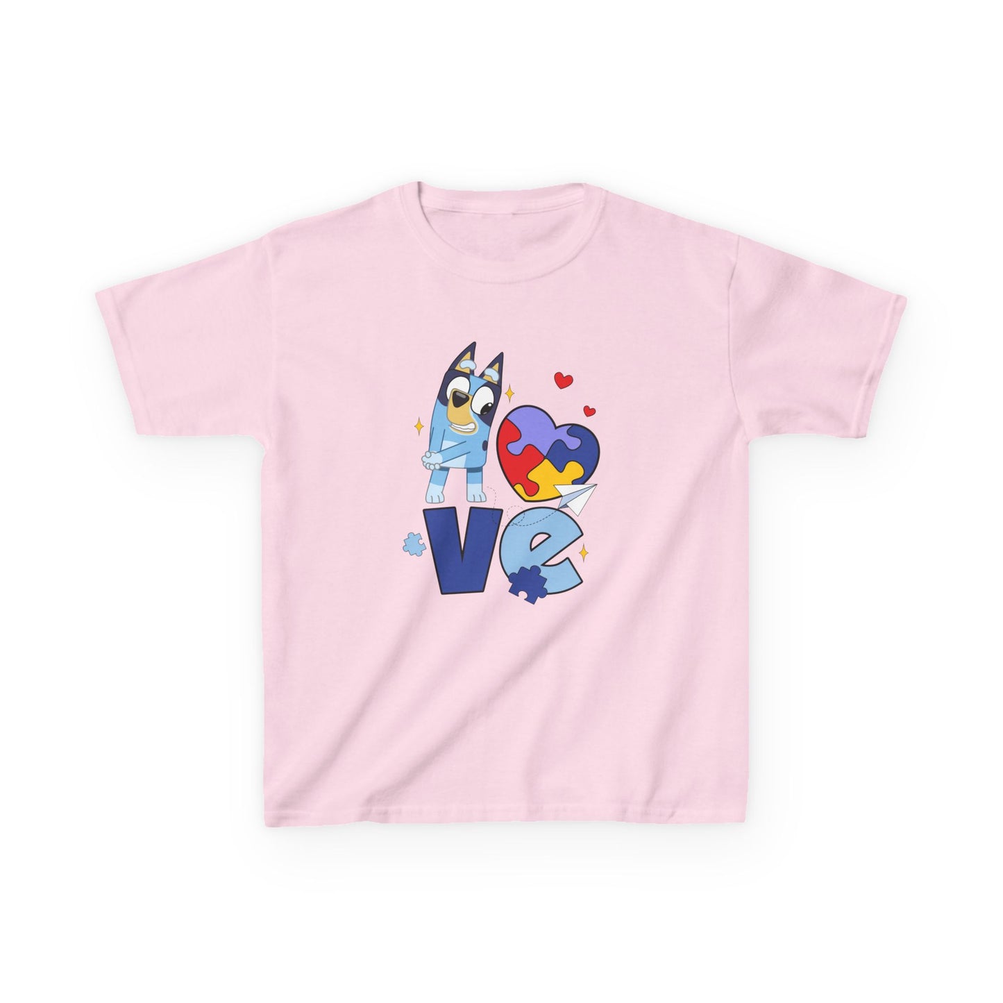 Kids Tee — 'LOVE' Puzzle Heart & Cartoon Character Autism Awareness Shirt
