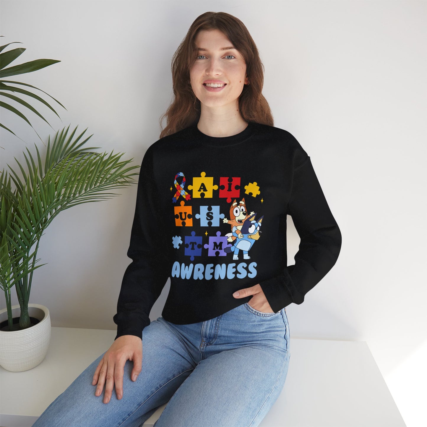 Autism Awareness Crewneck Sweatshirt — Puzzle Ribbon Support Design