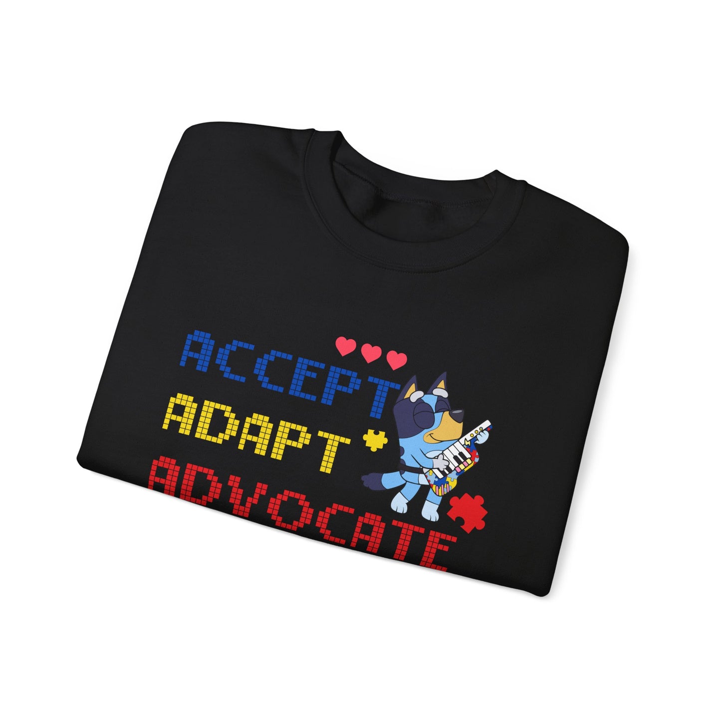Accept Adapt Advocate Crewneck Sweatshirt — Autism Awareness Sweatshirt with Cute Character