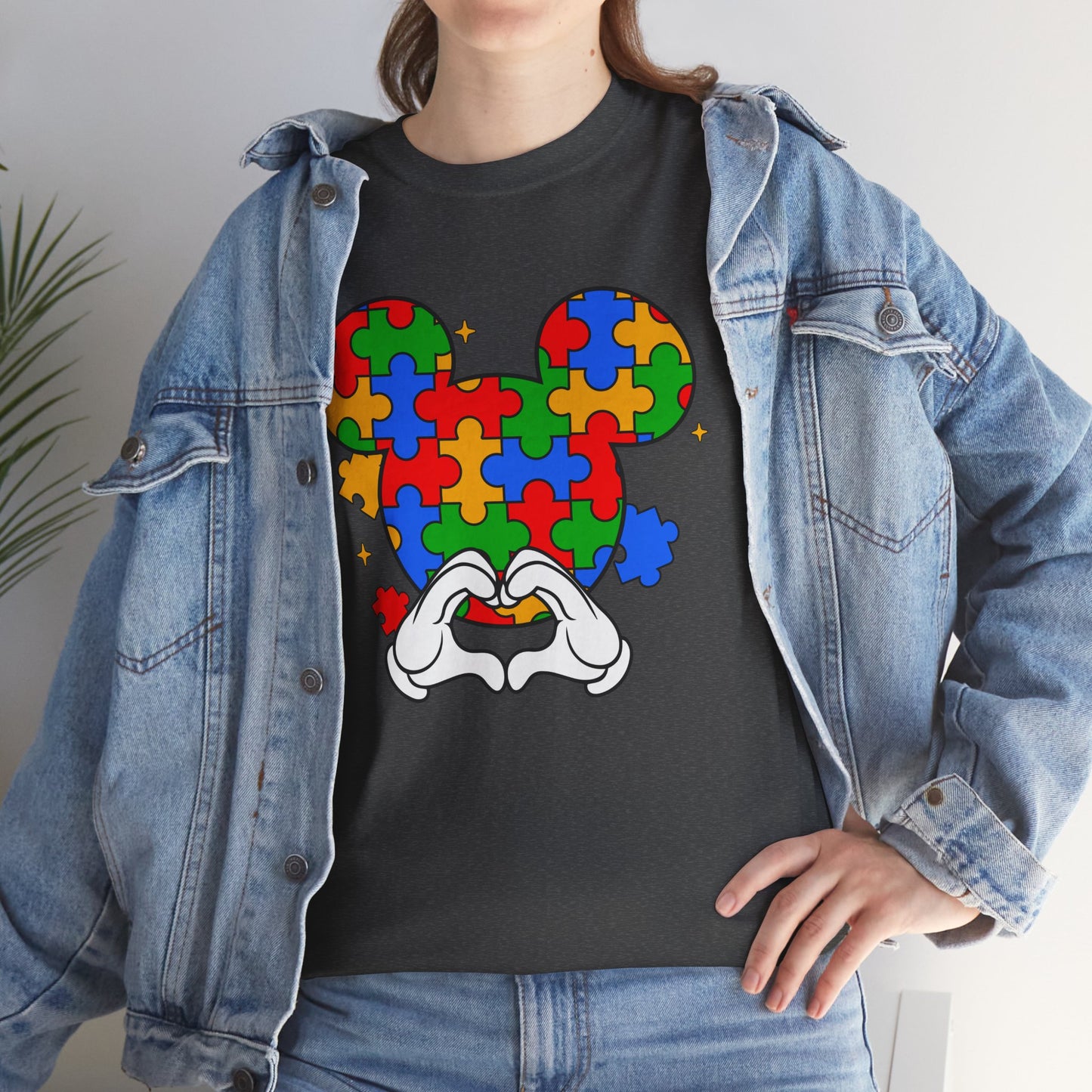 Autism Puzzle Mickey Ears T-Shirt — Colorful Puzzle Piece Heart Tee