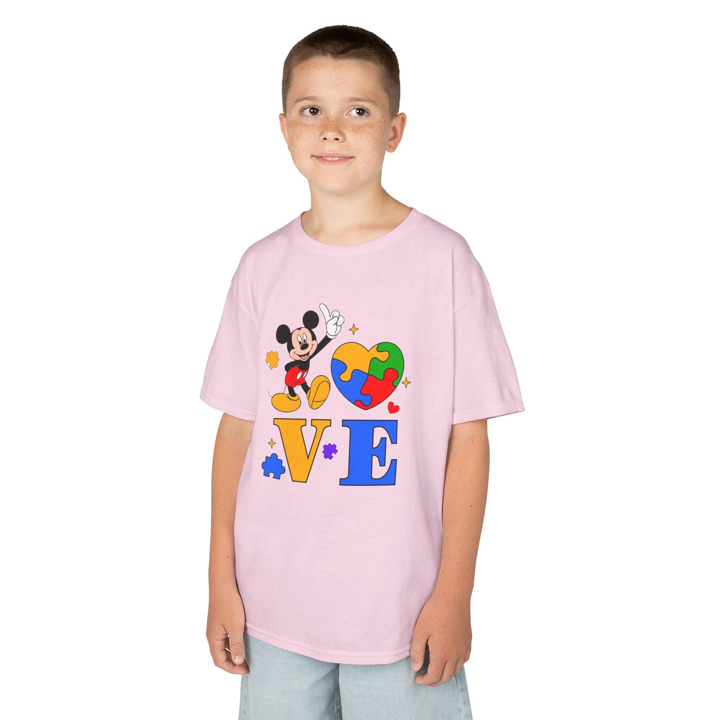 Kids Autism Awareness LOVE T‑Shirt — Puzzle Heart & Cartoon Character Design