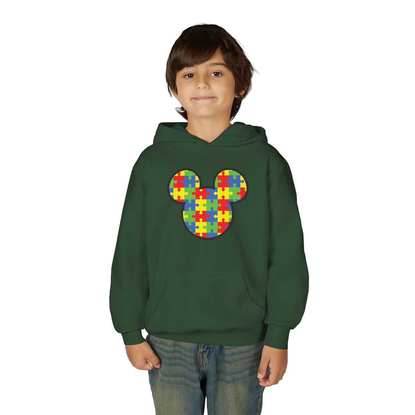 Colorful Puzzle Mickey Mouse Youth Hoodie - Perfect for Autism Awareness