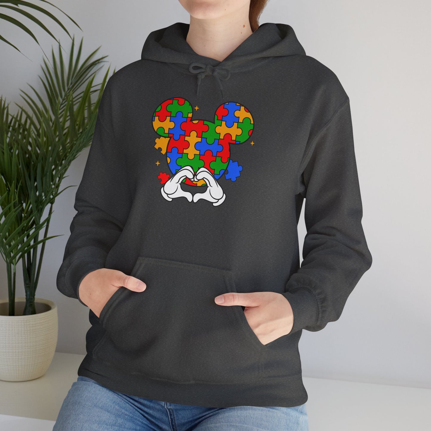 Autism Puzzle Mouse Hoodie — Colorful Puzzle Piece Mickey Silhouette Sweatshirt