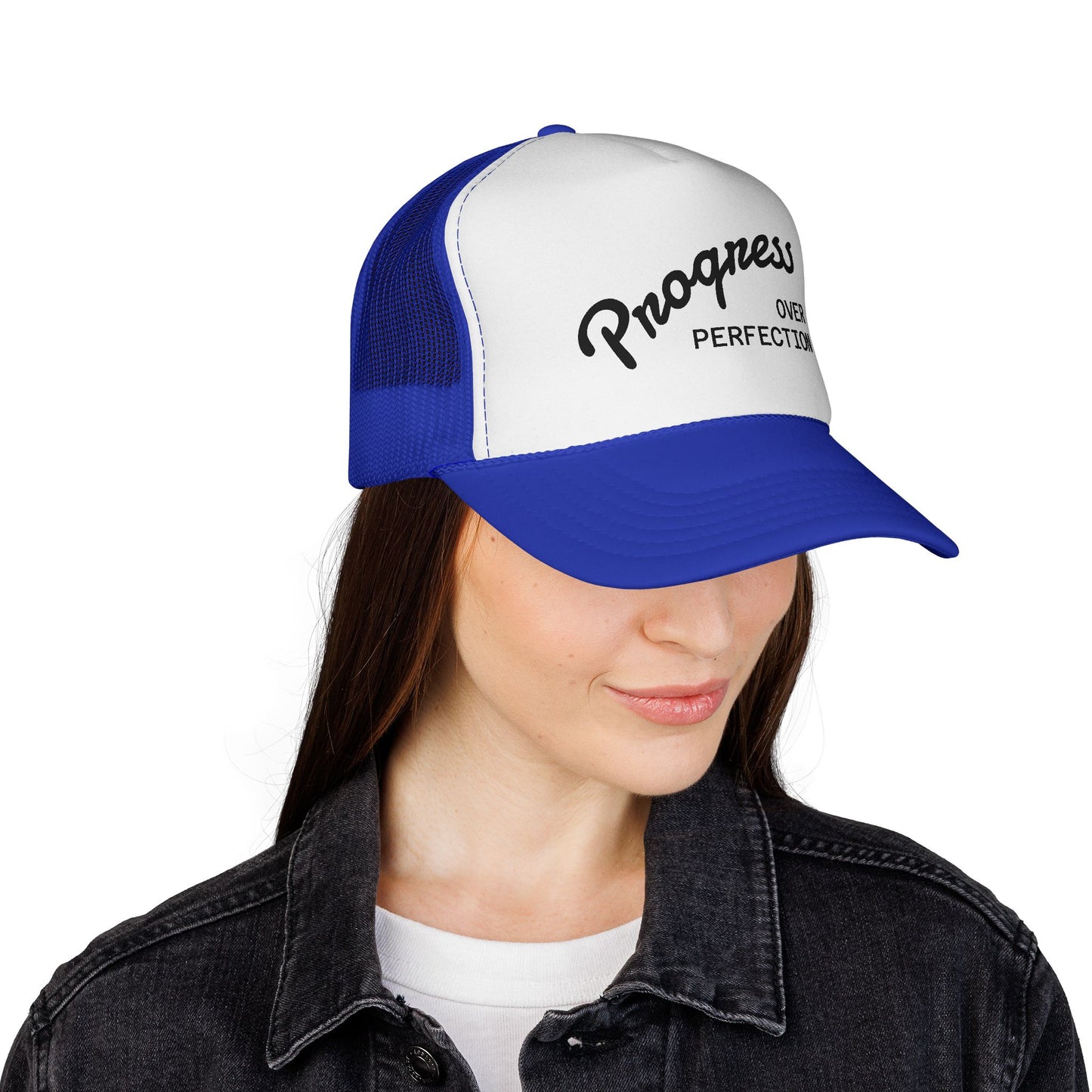 Progress Over Perfection Trucker Cap — Motivational Mesh Baseball Hat