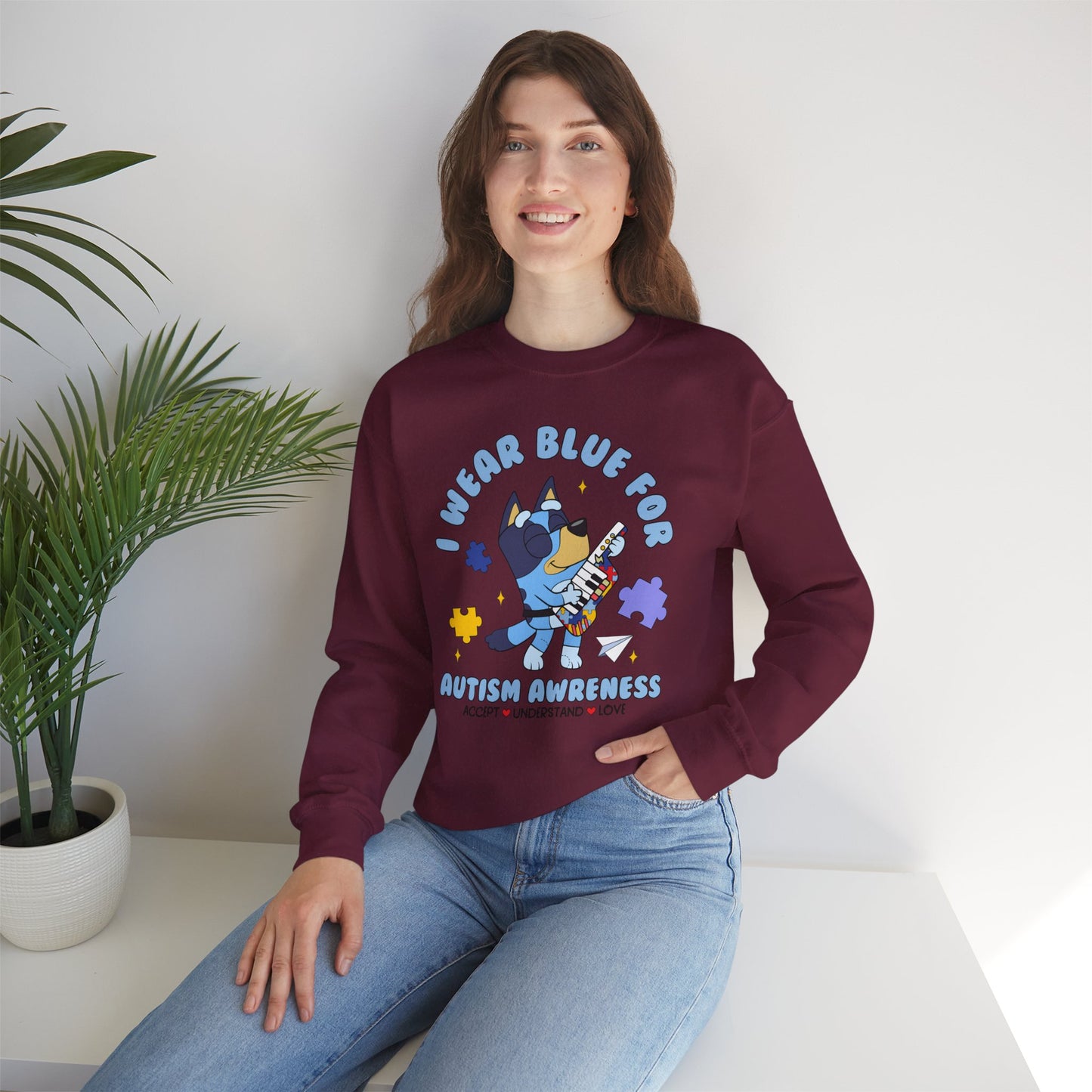 Autism Awareness Crewneck — "I Wear Blue for Autism Awareness" Sweatshirt