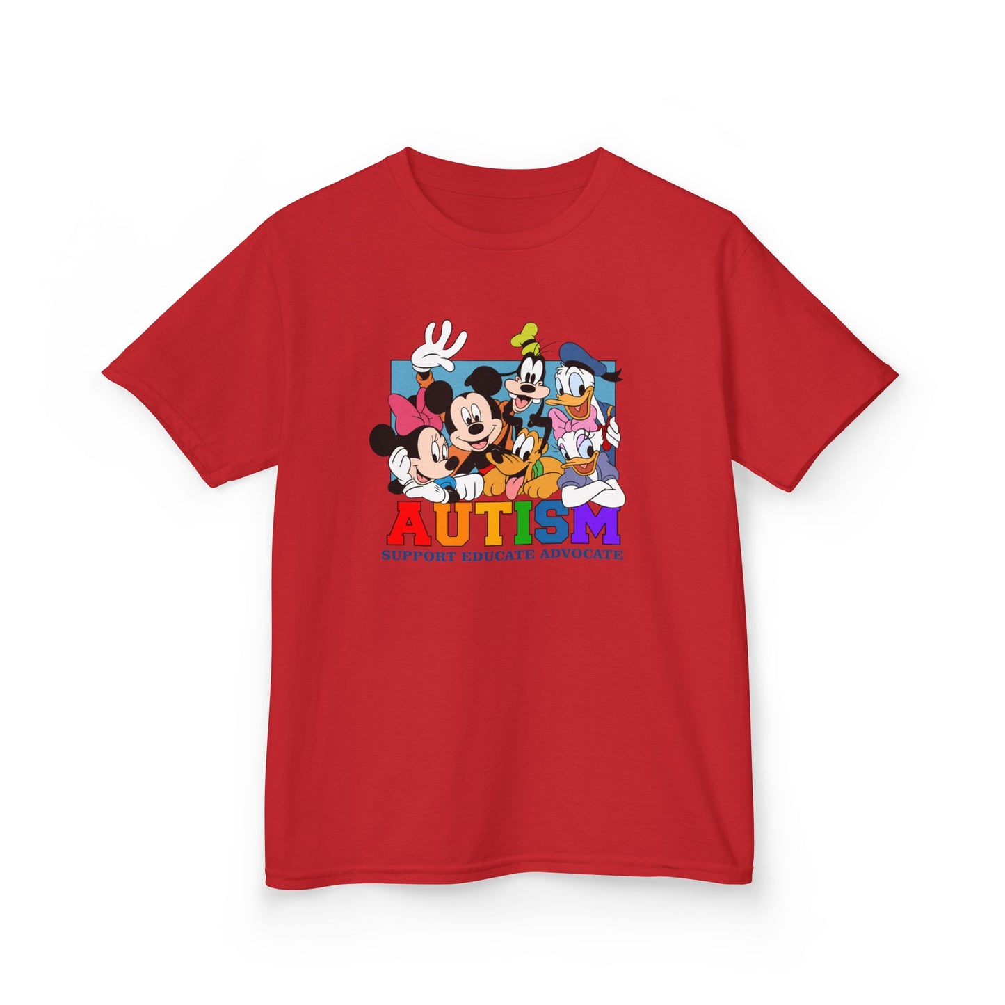 Kids Autism Awareness T-Shirt — Support, Educate, Advocate (Rainbow Letters)