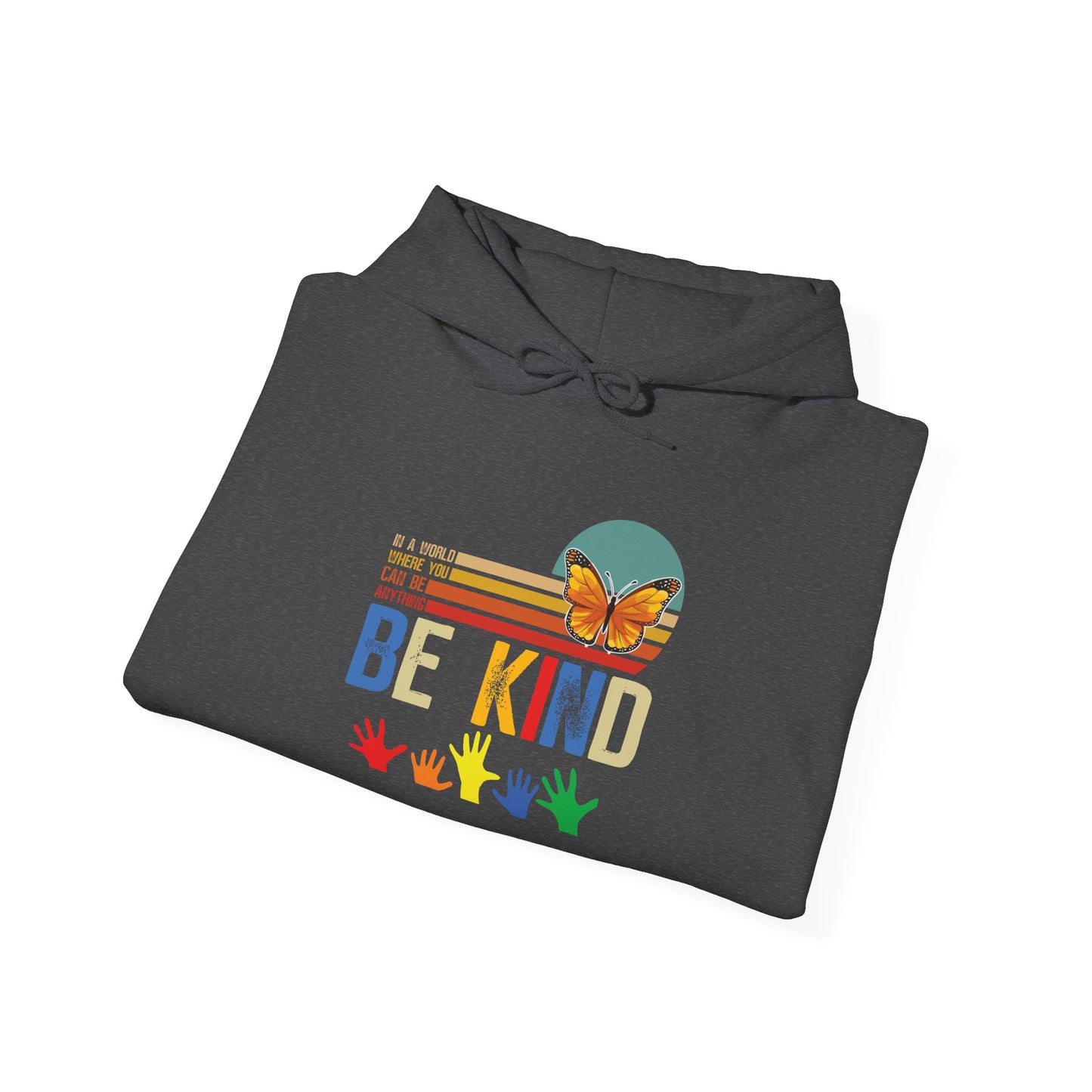 Be Kind Rainbow Hoodie — Retro Sunset Hands Kindness Sweatshirt