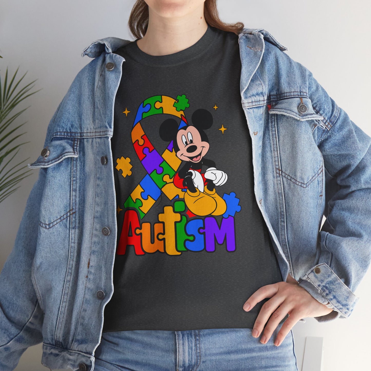 Autism Awareness Tee — Colorful Puzzle Ribbon & Cartoon Mouse Design