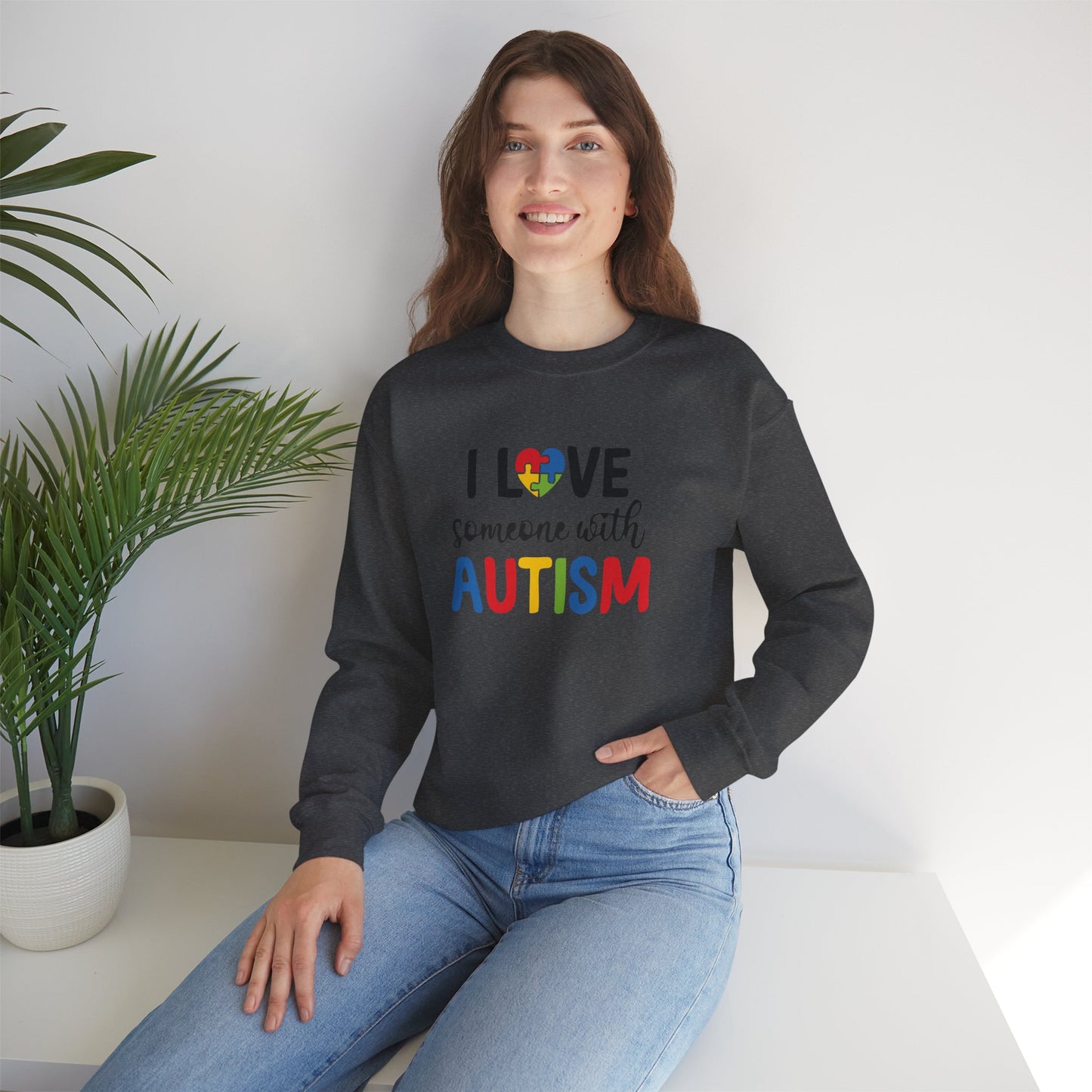 Crewneck Sweatshirt — "I Love Someone With Autism" Colorful Puzzle Heart Support Tee