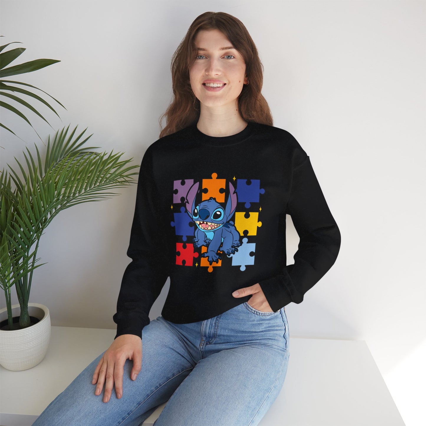 Stitch Puzzle Crewneck Sweatshirt — Cute Blue Alien on Colorful Jigsaw Design
