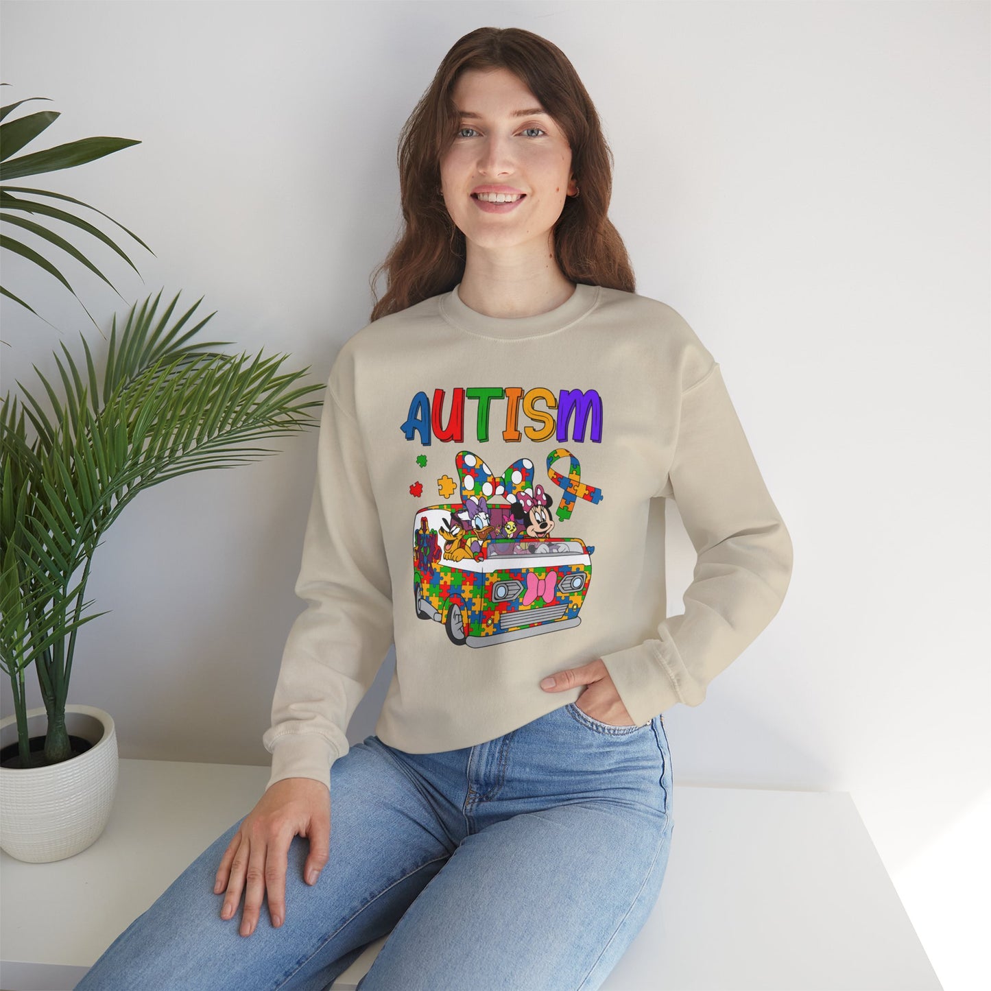 Autism Awareness Crewneck Sweatshirt — Colorful Puzzle Van Design