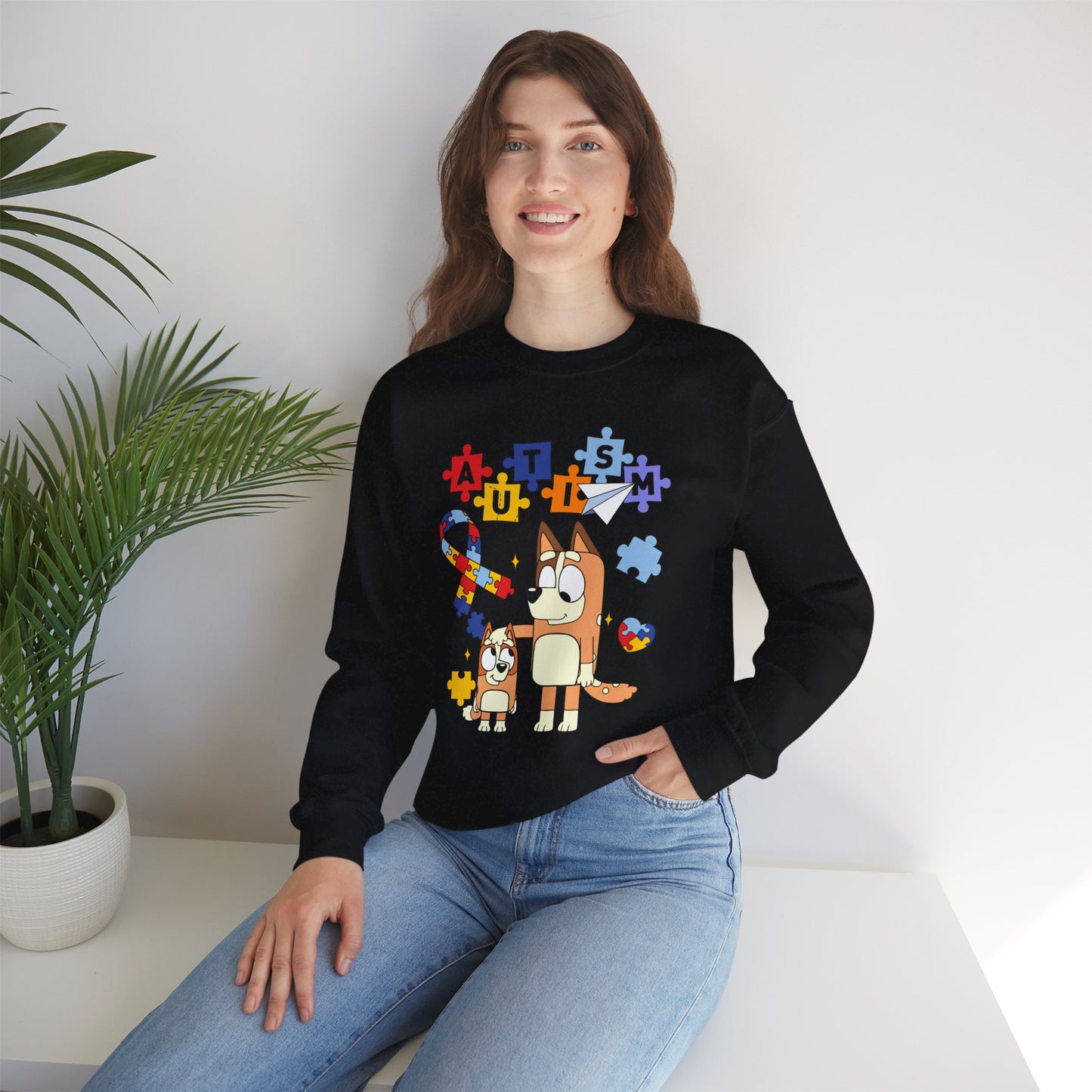 Autism Awareness Crewneck Sweatshirt — Puzzle Ribbon & Cartoon Dogs