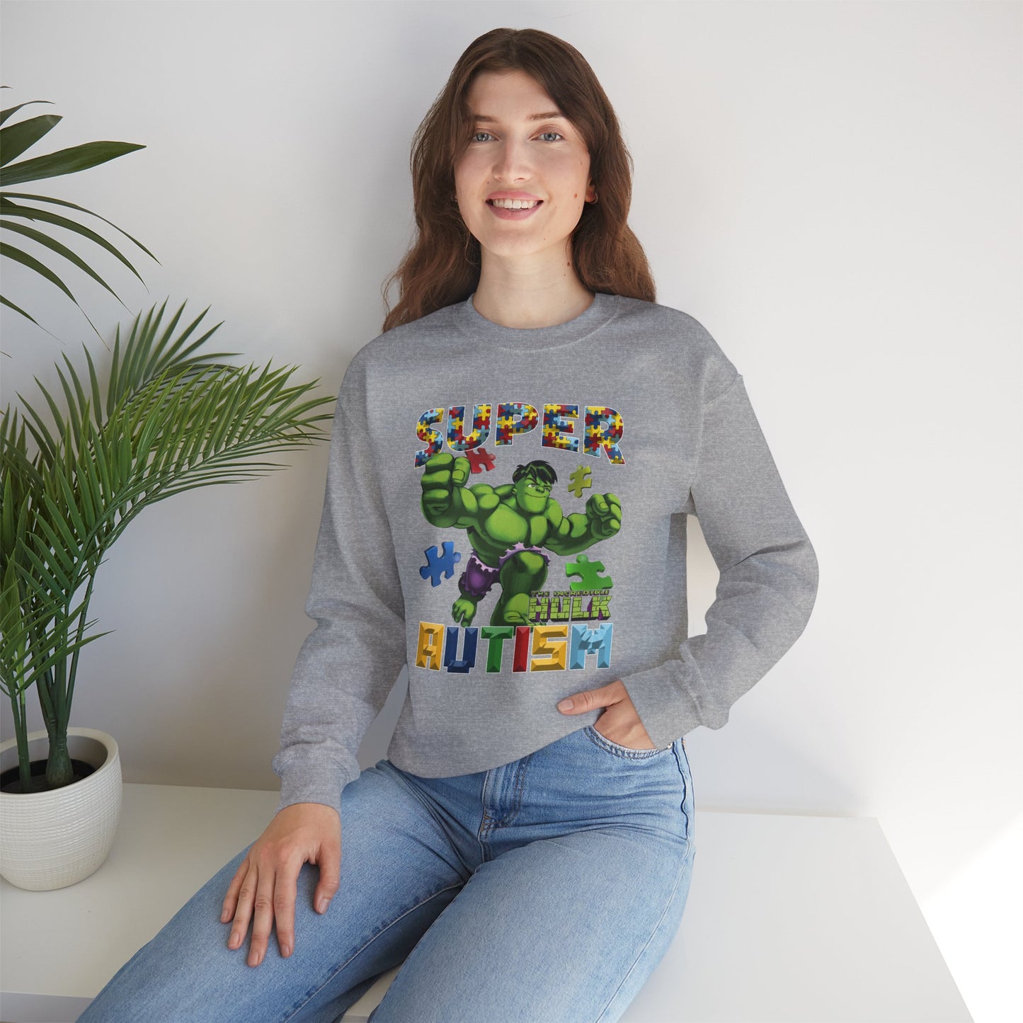 Autism Superhero Sweatshirt — "Super Autism" Puzzle-Print Crewneck