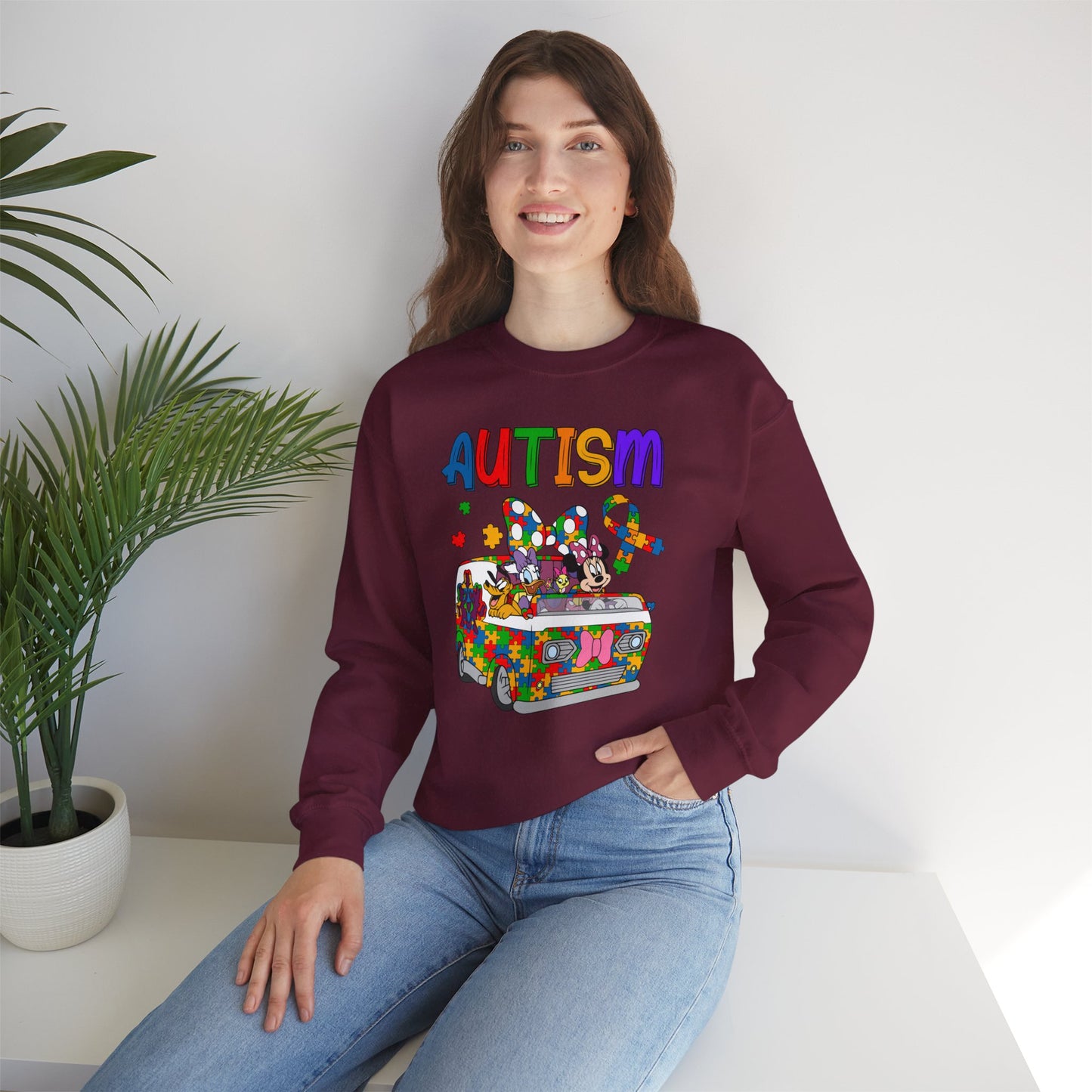 Autism Awareness Crewneck Sweatshirt — Colorful Puzzle Van Design
