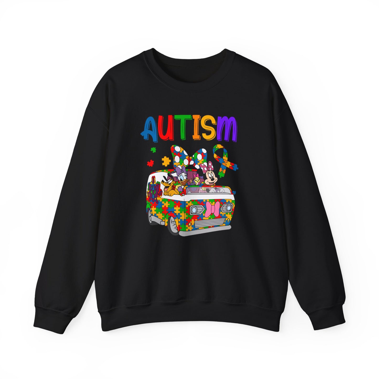 Autism Awareness Crewneck Sweatshirt — Colorful Puzzle Van Design