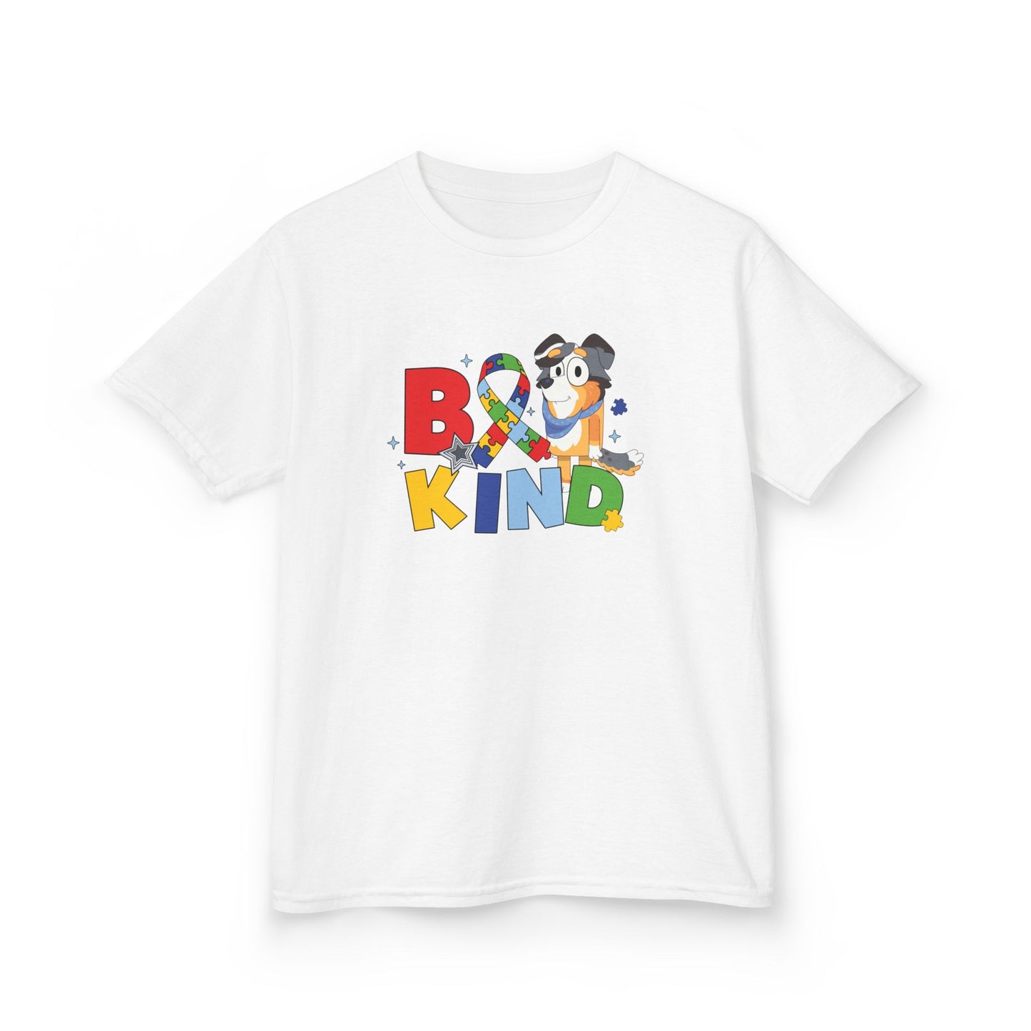 Kids Tee — "Be Kind" Colorful Autism Awareness Ribbon Design