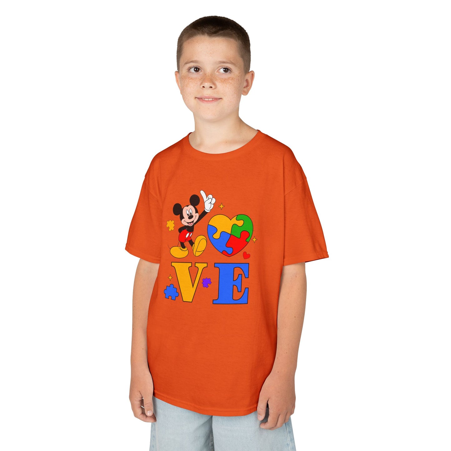 Kids Autism Awareness LOVE T‑Shirt — Puzzle Heart & Cartoon Character Design