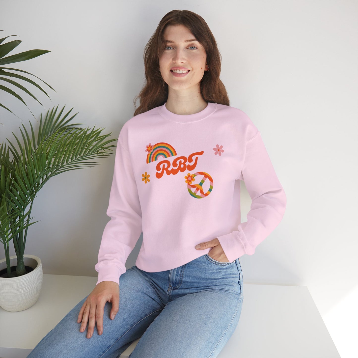 Retro Peace Rainbow Crewneck Sweatshirt — RBT Floral Groovy Design