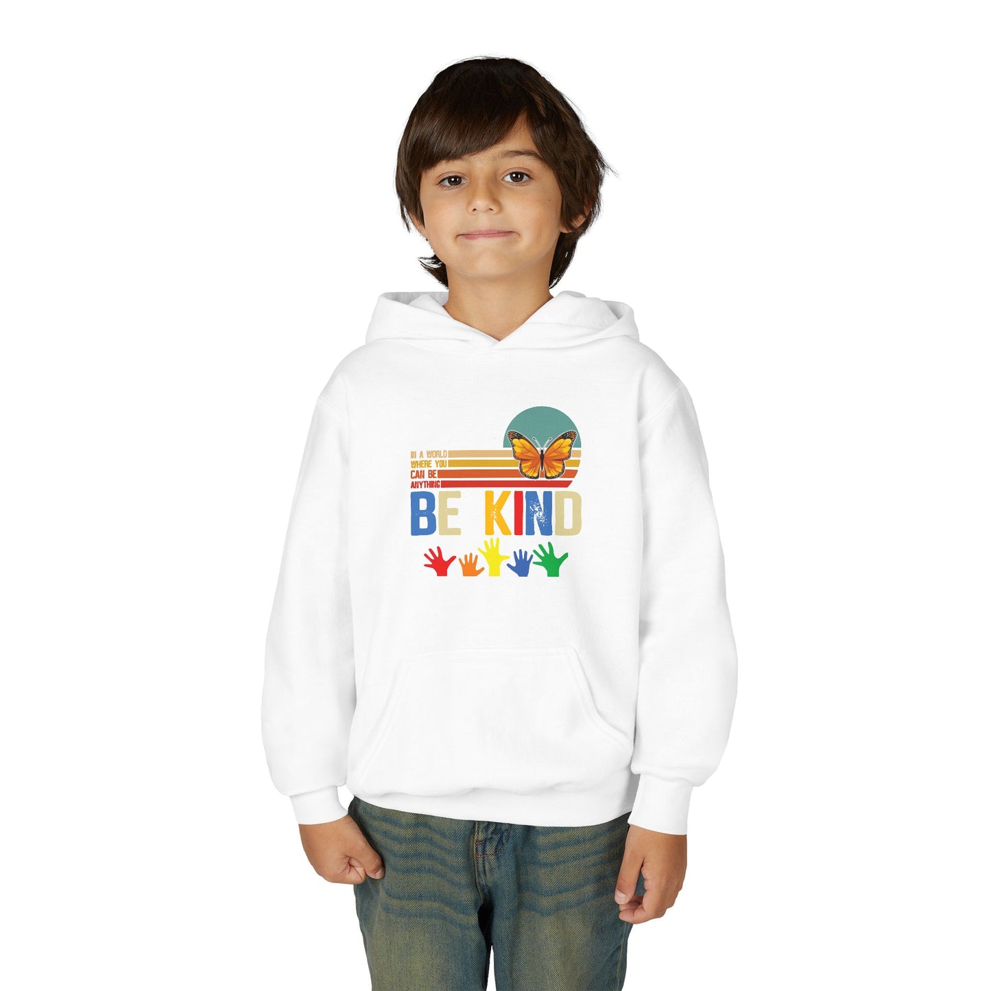Be Kind Youth Hoodie - Colorful Butterfly & Handprint Design