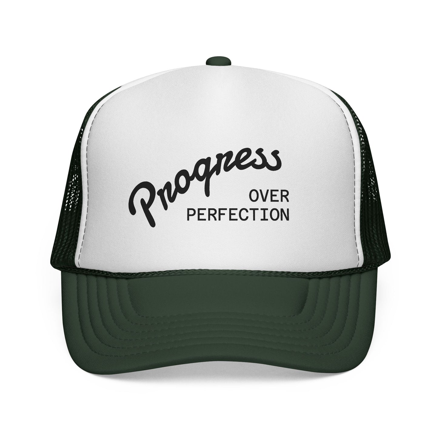 Progress Over Perfection Trucker Cap — Motivational Mesh Baseball Hat
