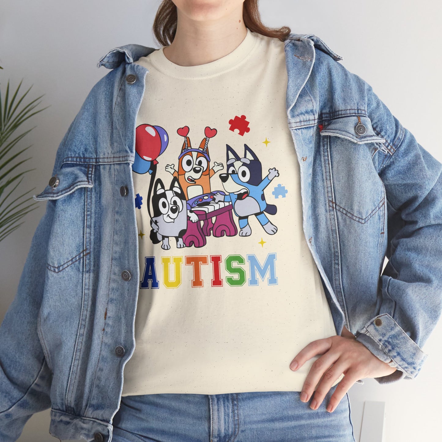 Autism Awareness Kids Tee — Colorful Cartoon Characters with 'AUTISM' Text