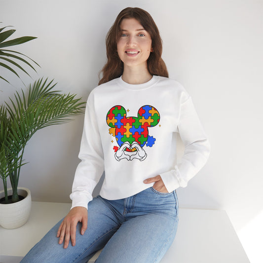 Autism Puzzle Mouse Crewneck Sweatshirt – Colorful Heart Hands Design