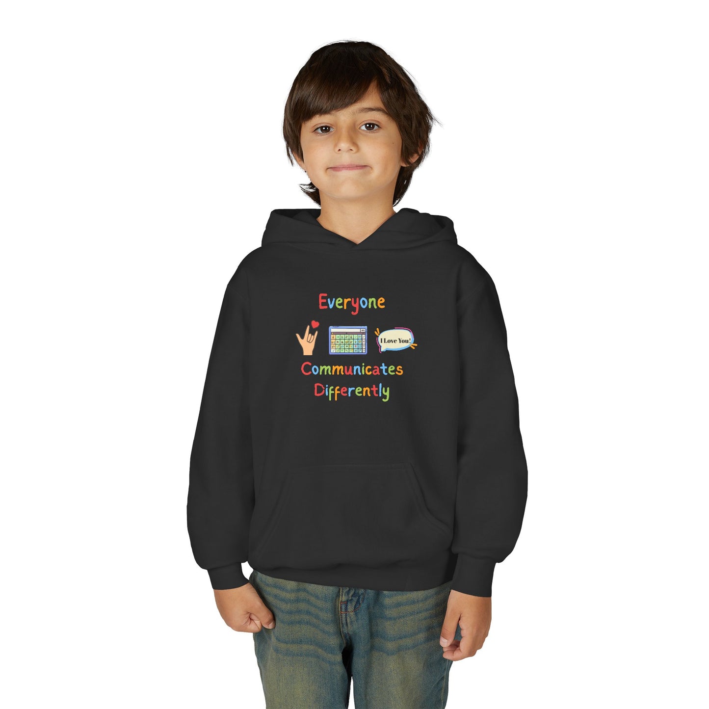 Youth Hoodie — "Everyone Communicates Differently" AAC Awareness Hoodie