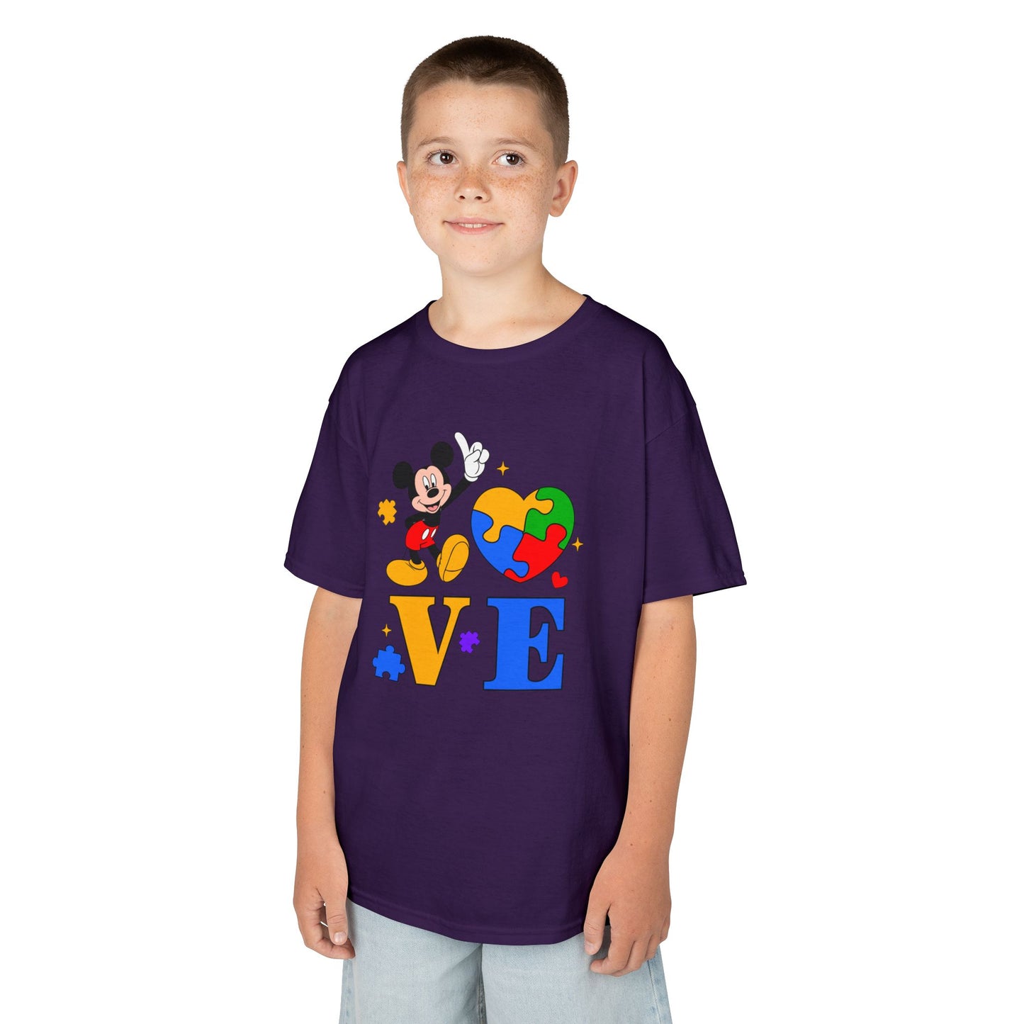 Kids Autism Awareness LOVE T‑Shirt — Puzzle Heart & Cartoon Character Design