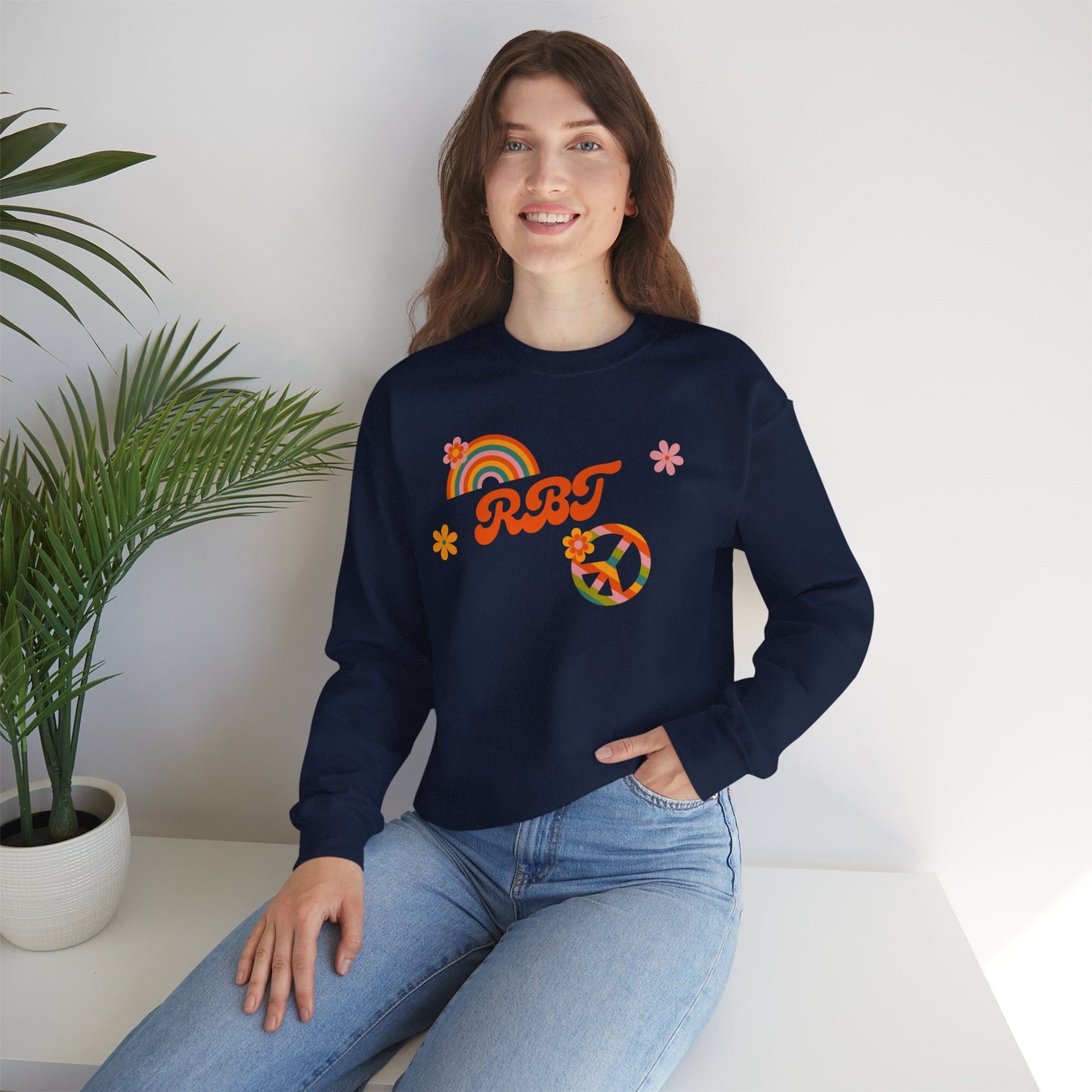 Retro Peace Rainbow Crewneck Sweatshirt — RBT Floral Groovy Design