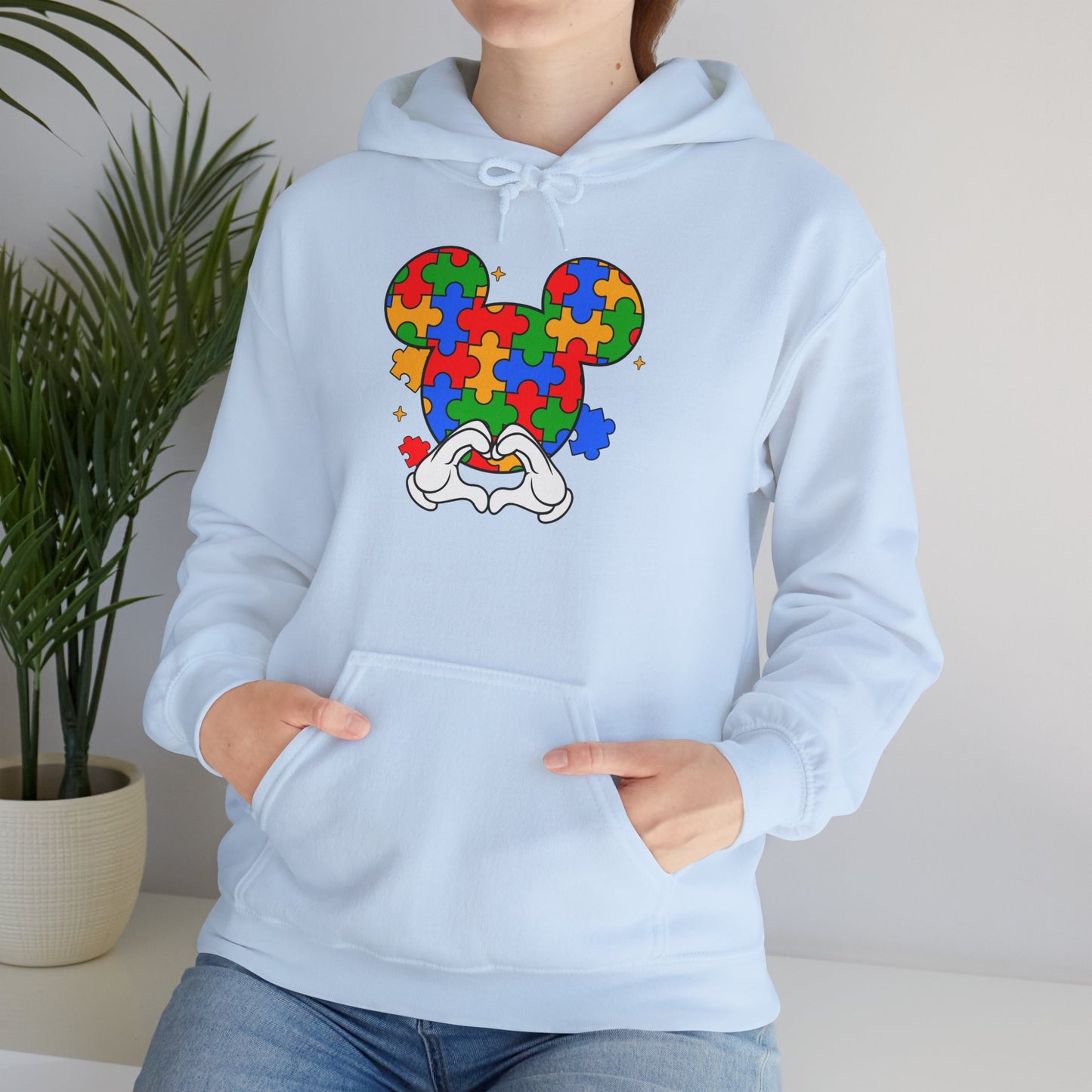 Autism Puzzle Mouse Hoodie — Colorful Puzzle Piece Mickey Silhouette Sweatshirt