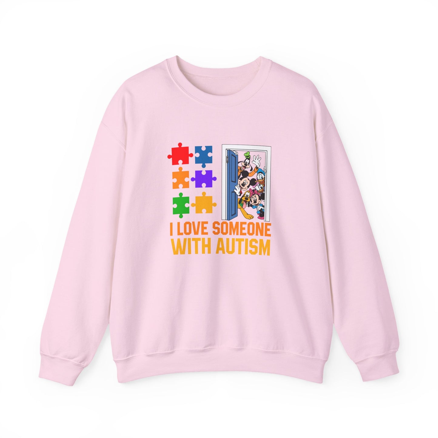 Autism Awareness Crewneck Sweatshirt — "I Love Someone With Autism" Puzzle Heart Design