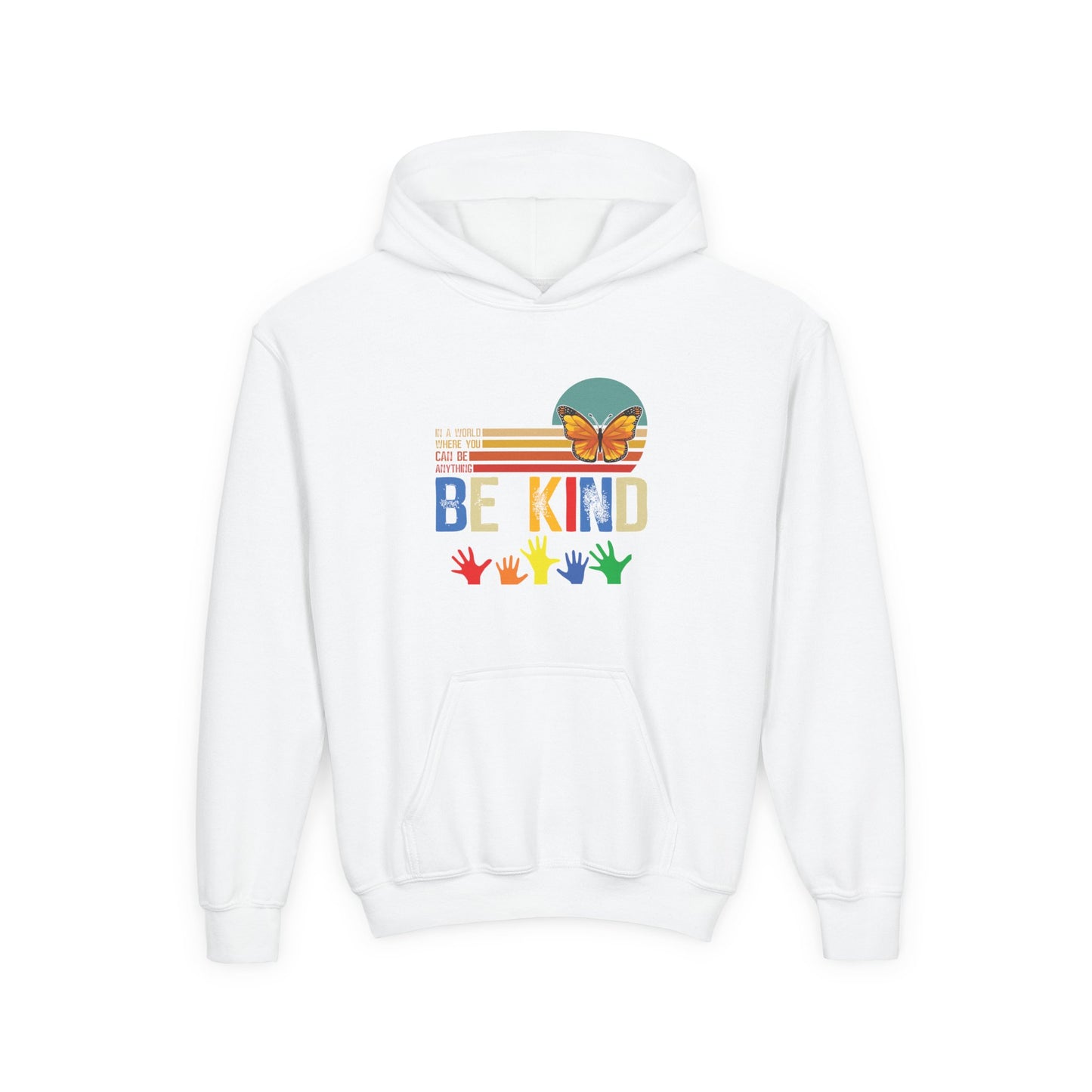 Be Kind Youth Hoodie - Colorful Butterfly & Handprint Design