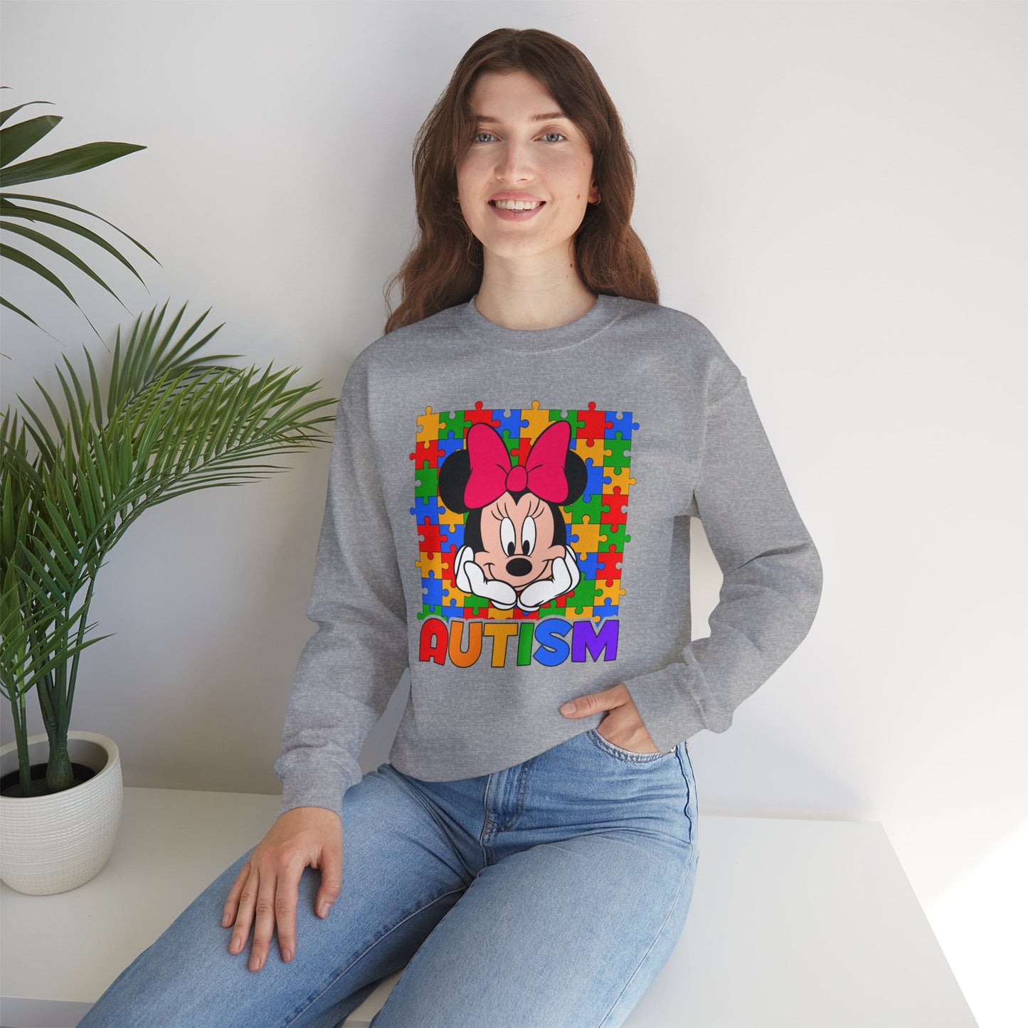 Autism Awareness Sweatshirt — Rainbow Puzzle Heart Character Design