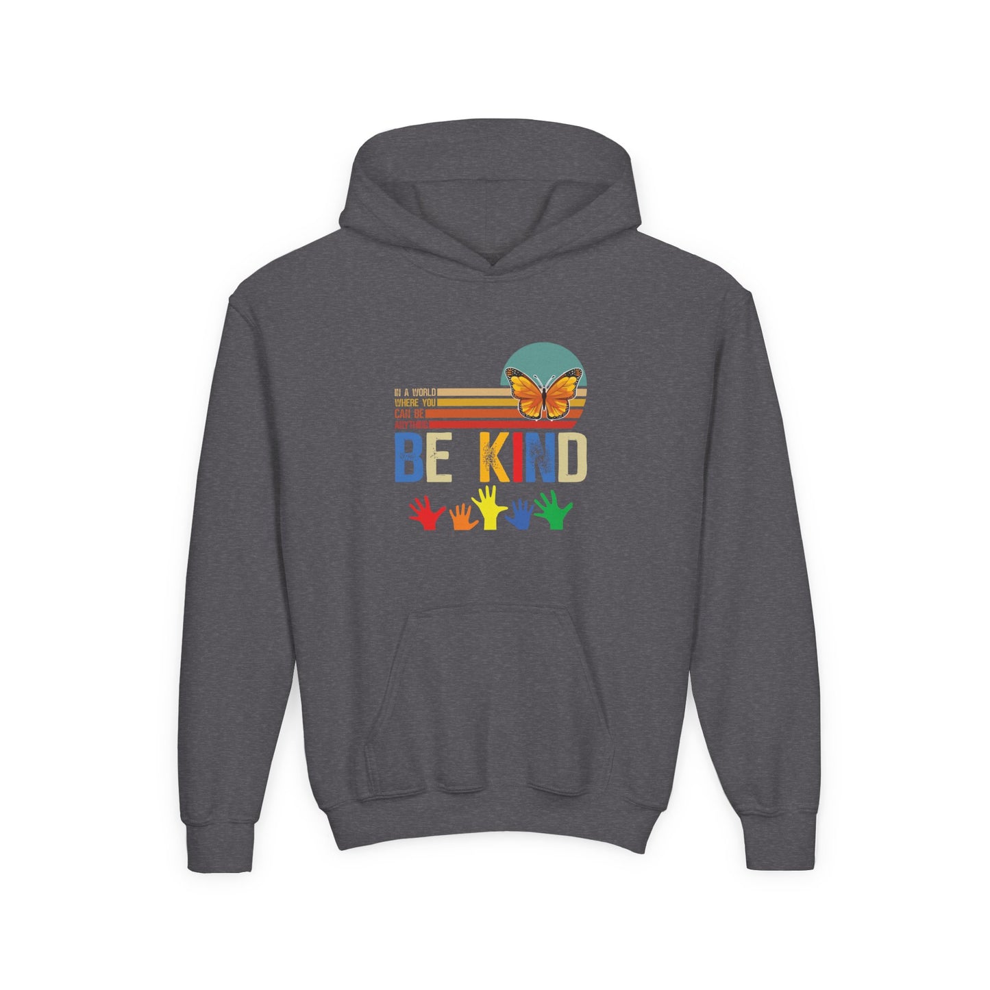 Be Kind Youth Hoodie - Colorful Butterfly & Handprint Design