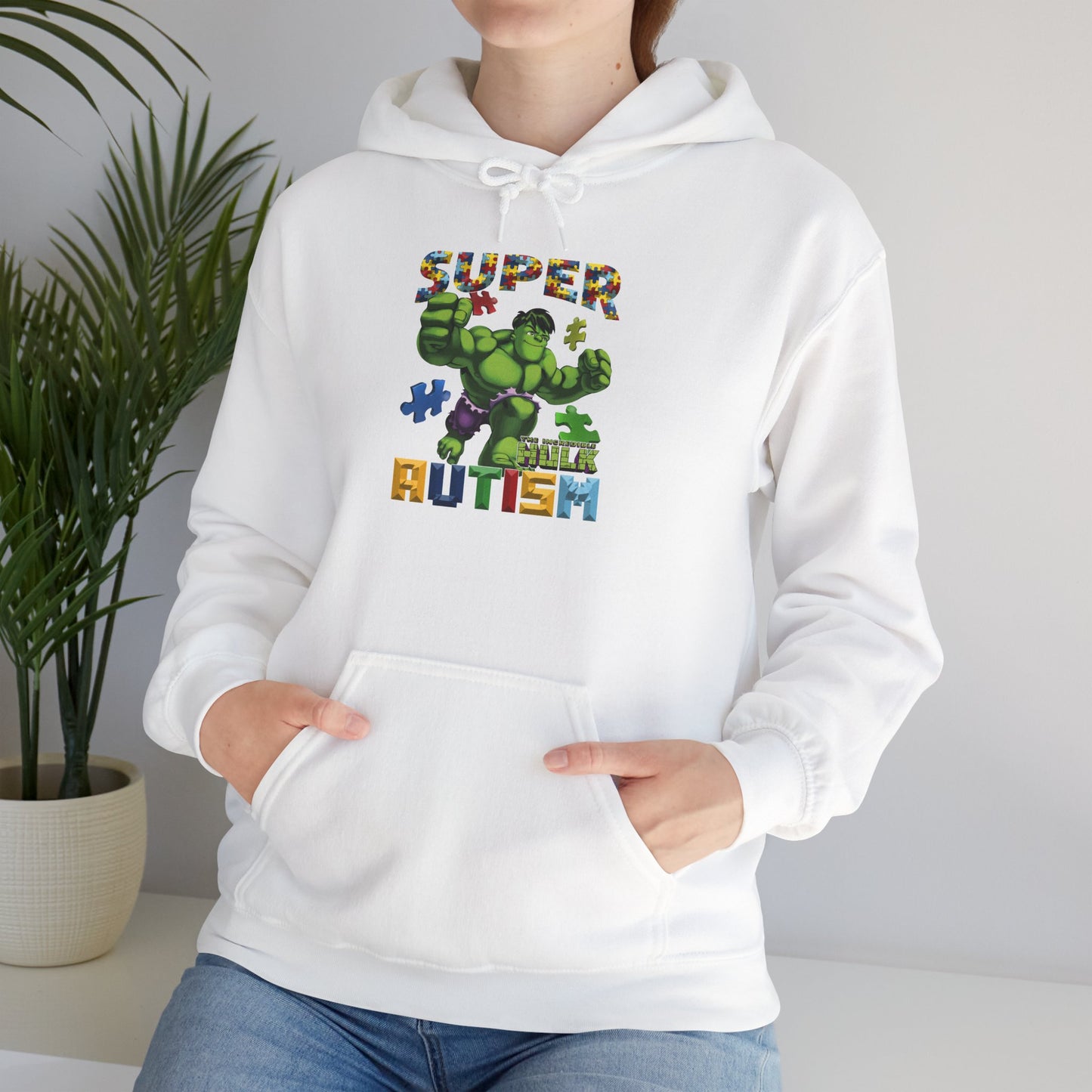 Autism Superhero Hoodie — "Super 4 Autism" Puzzle-Pattern Support Pullover