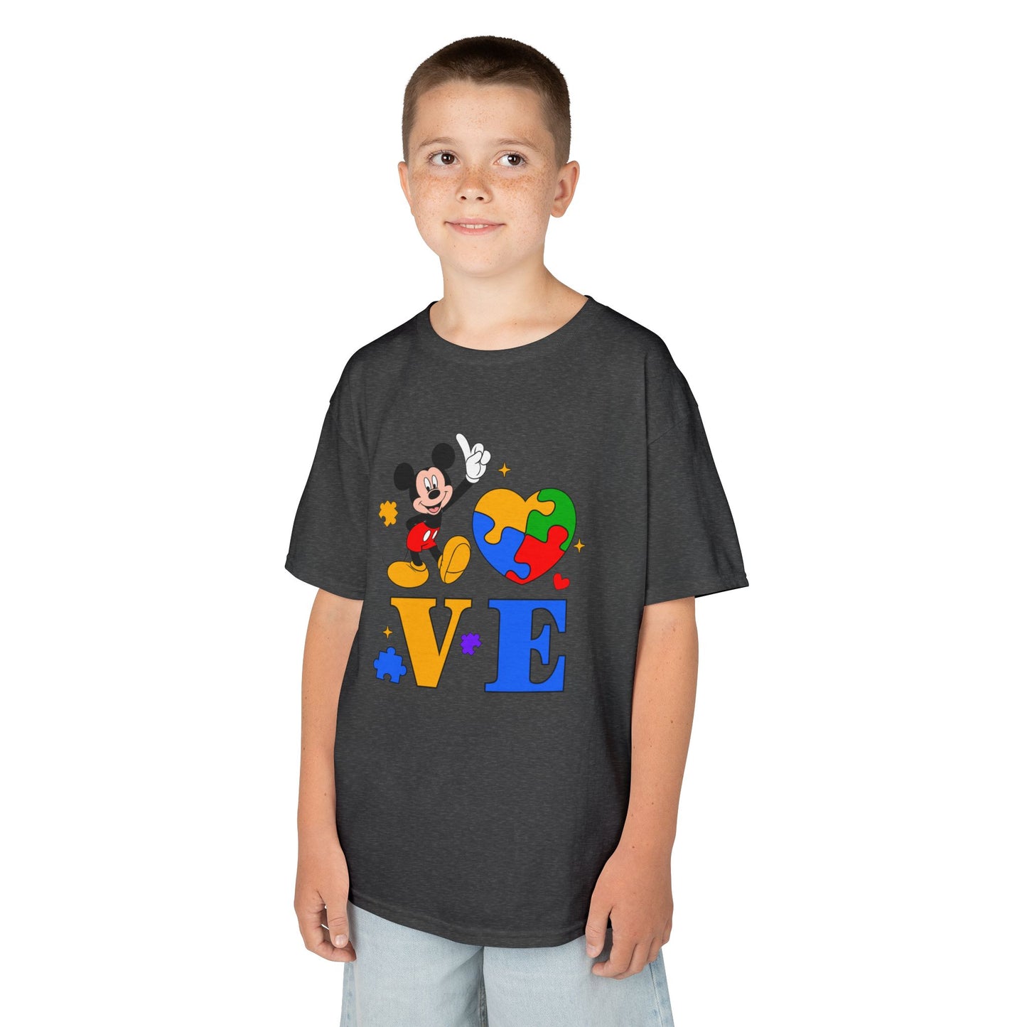Kids Autism Awareness LOVE T‑Shirt — Puzzle Heart & Cartoon Character Design