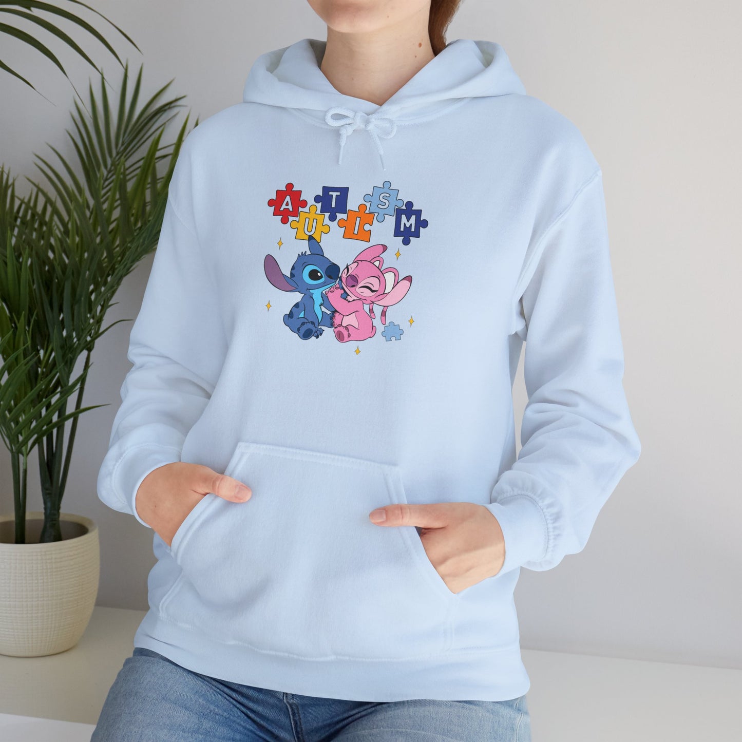 Cute Alien Pals Hoodie — Pink & Blue Cartoon Stitch-Style Characters with Puzzle Heart