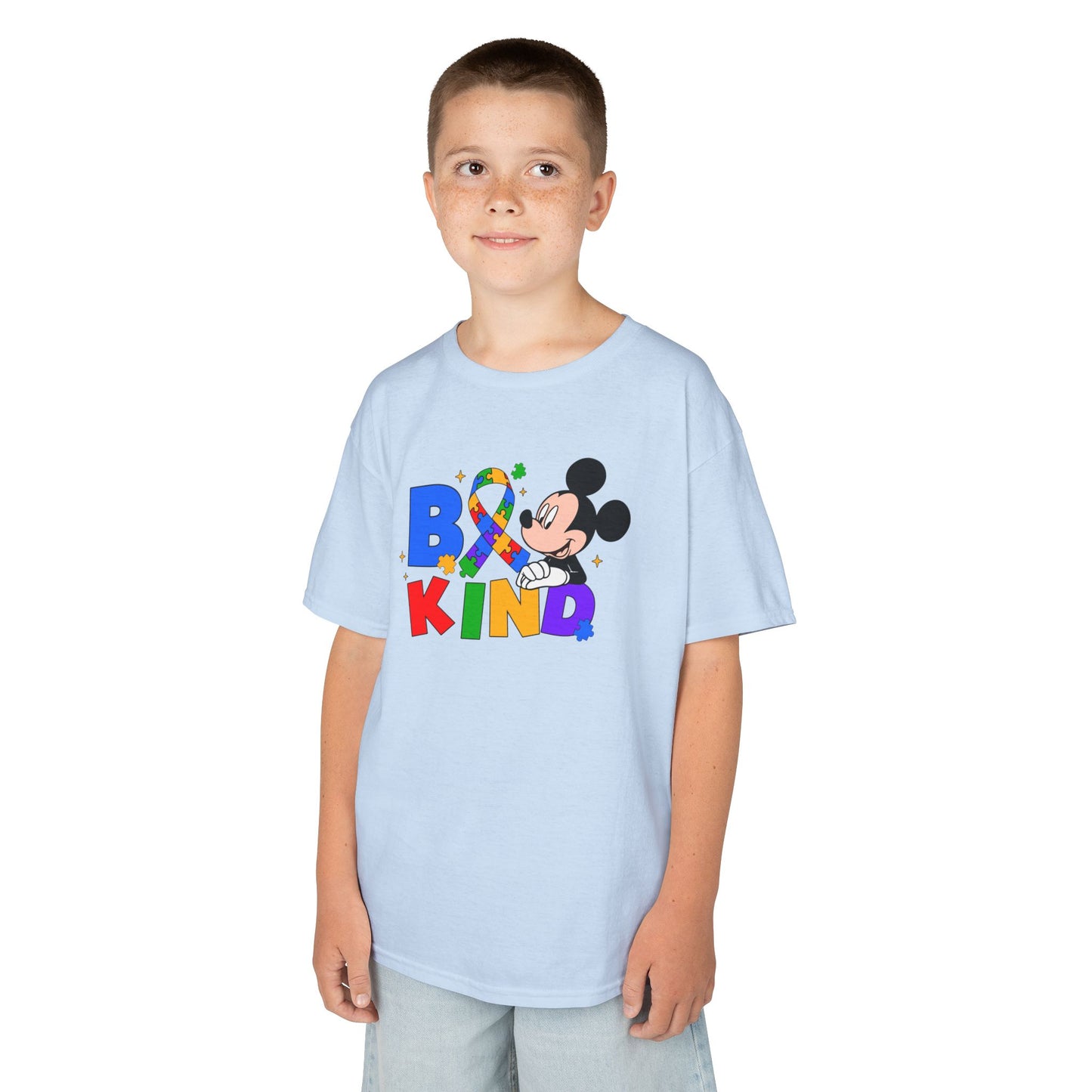 Kids Tee — "Be Kind" Rainbow Cartoon Character Graphic